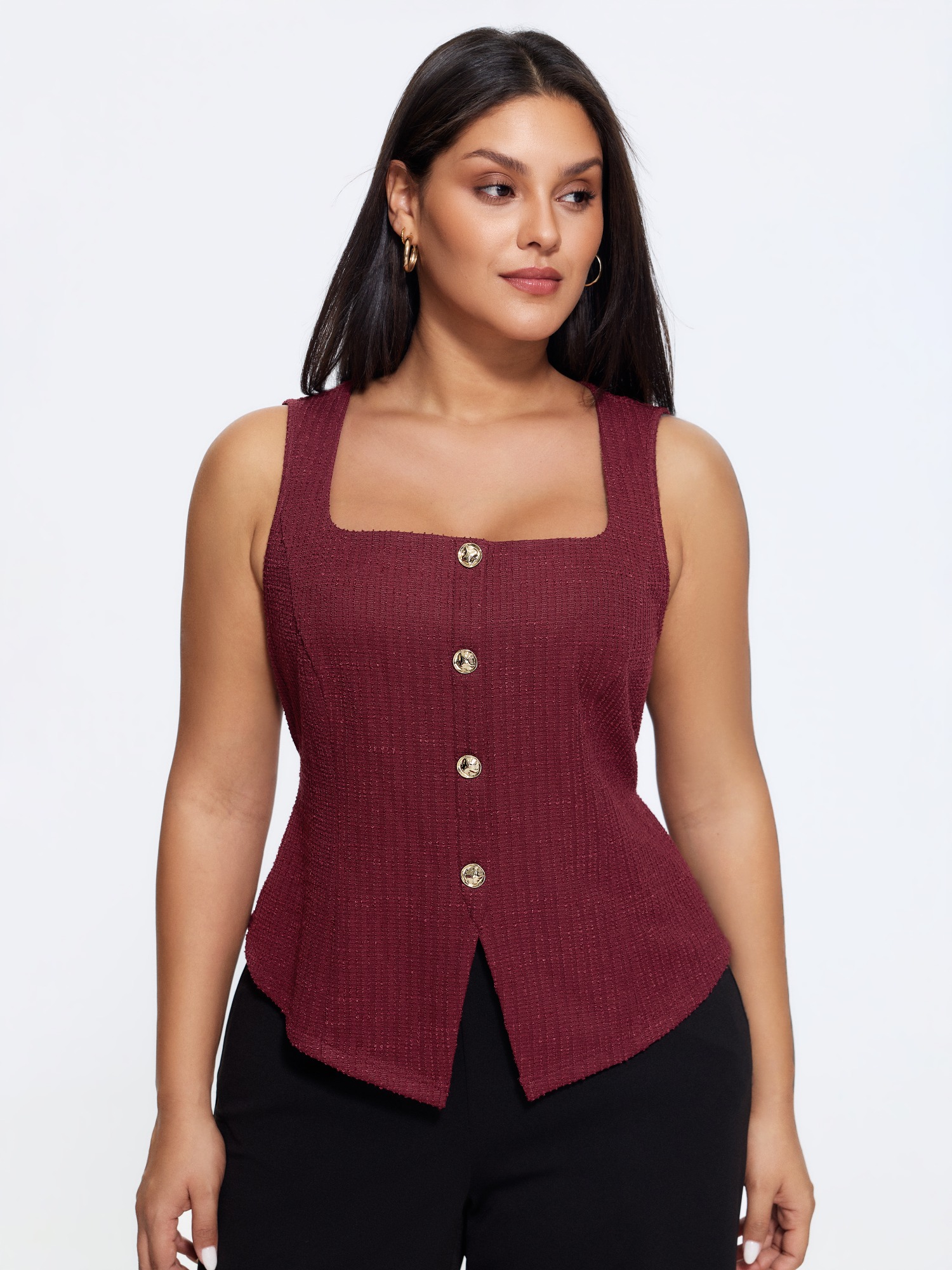 BloomChic Plus Size Square Neck Button Front Tweed Tank Top - Women's Ditsy Floral Square Neck Comfort Waist Fit Sleeveless Boho Tank Tops Camis 16/L