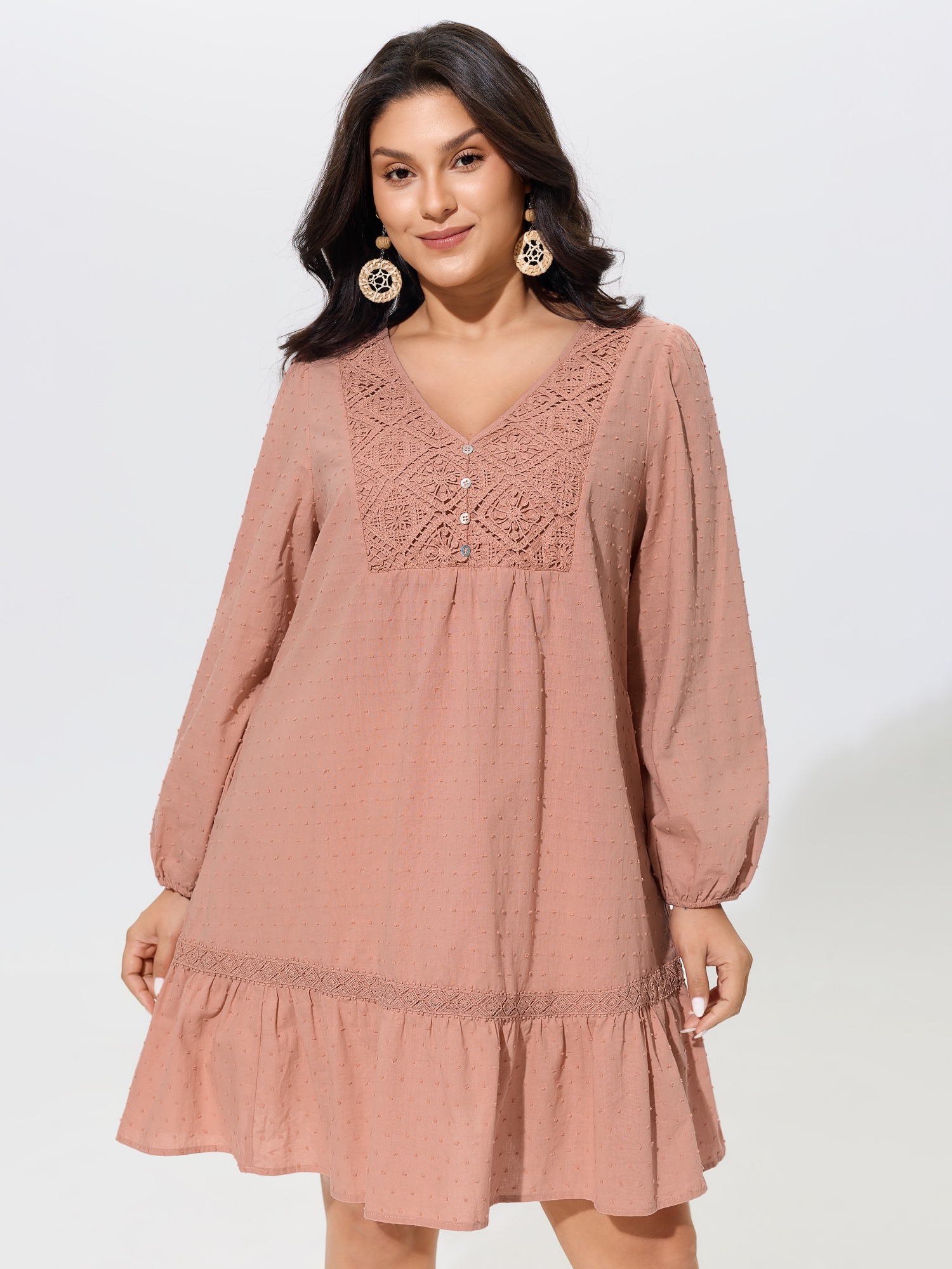BloomChic Women's Plus Size Cotton Textured Lace Detail V Neck Mini Dress Crepe Solid Knee Length Vacation Button Front 22-24/3X