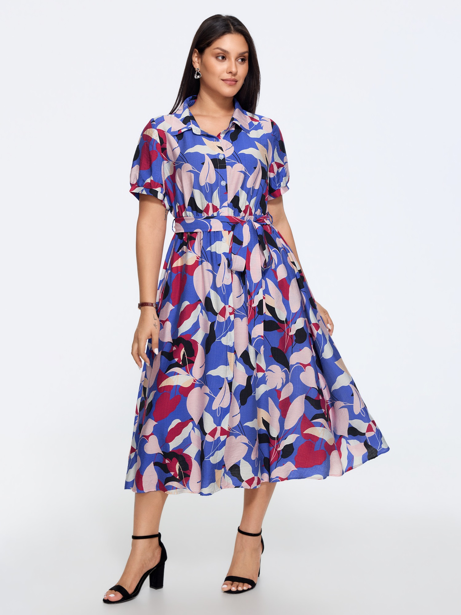 BloomChic Women's Plus Size Supersoft Abstract Leaf Print Waist Tie Shirt Midi Dress Multicolor Abstract Midi Office Lace-Up 30/6X
