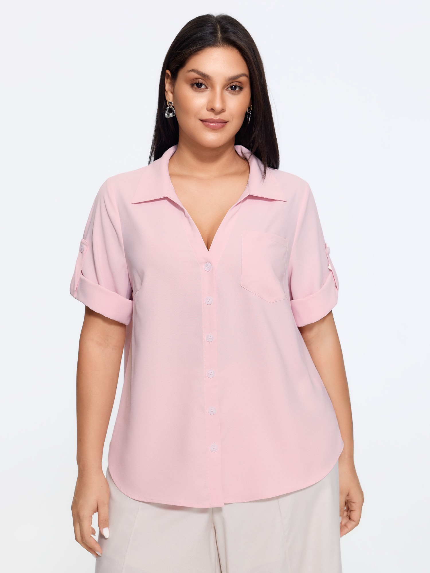 BloomChic Women's Plus Size Button Front Roll Tab Sleeve Blouse Lightpink Office 3/4 Sleeve Collared Neck 12/L