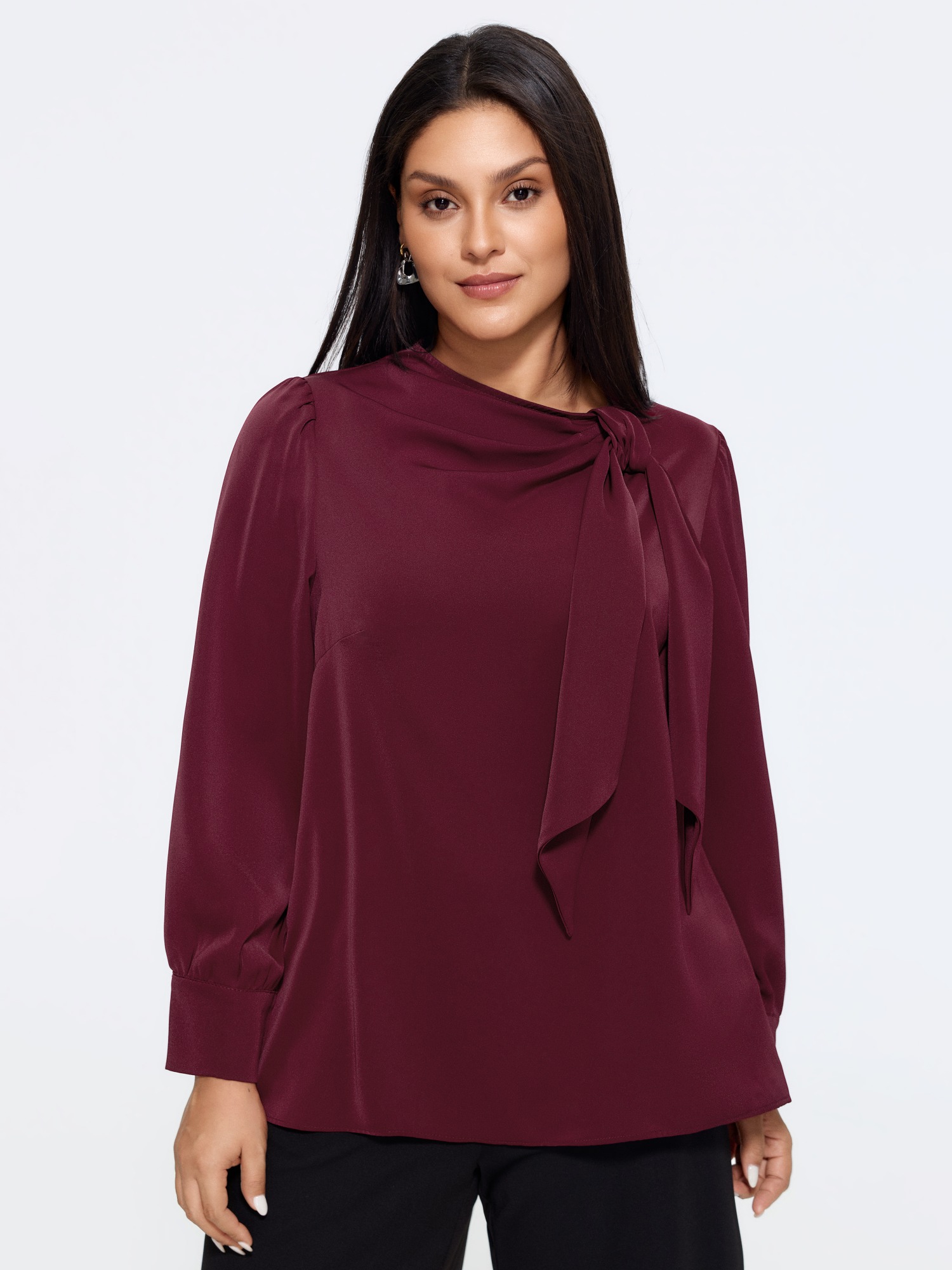 BloomChic Plus Size Satin Cowl Neck Tie Bow Long Sleeve Blouse - Women's Burgundy Solid Knotted Neckline Long Sleeve Office Blouses 14/M