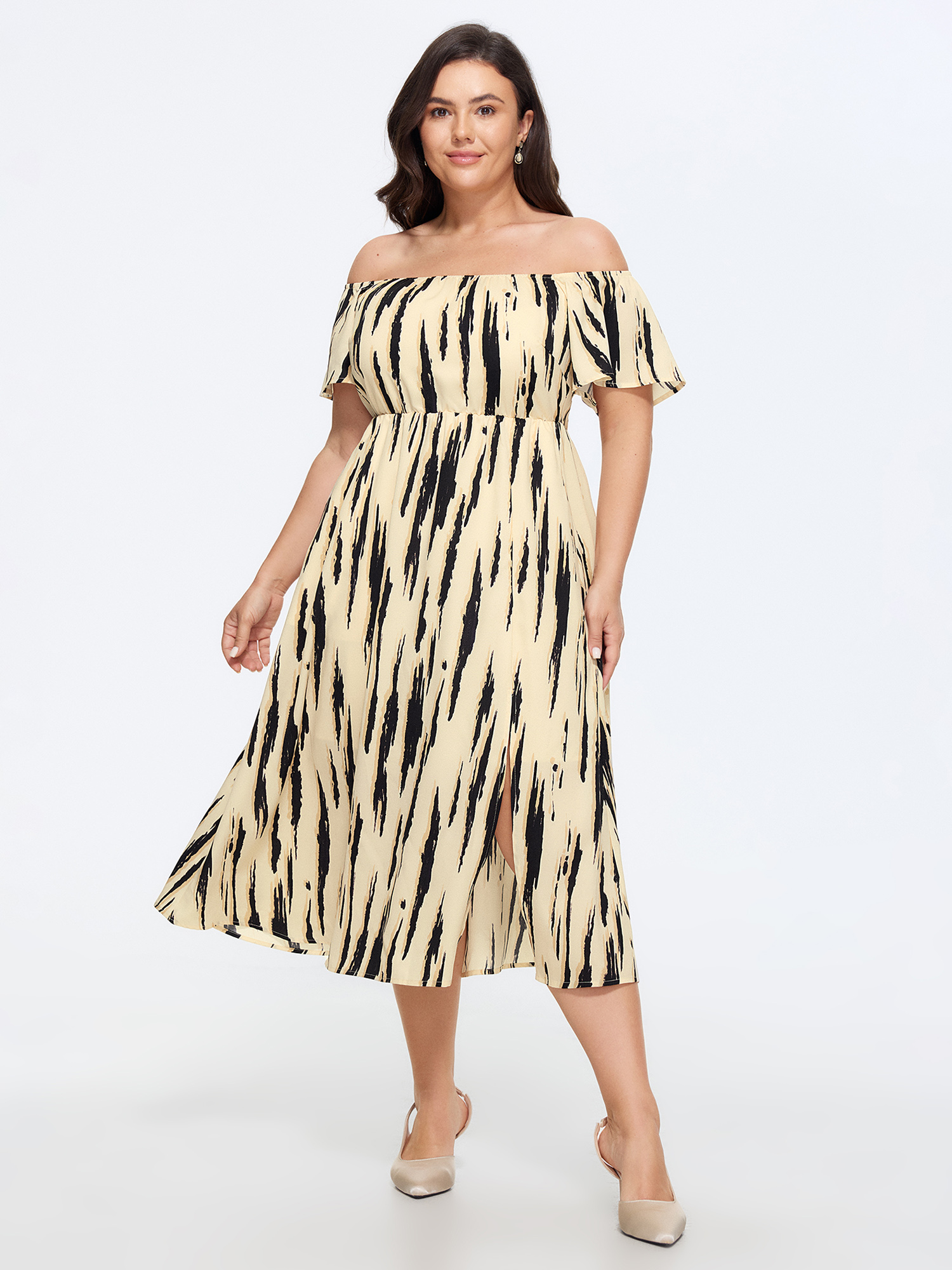 BloomChic Women's Plus Size Abstract Print Off Shoulder Side Slit Midi Dress Ivory Art Print Midi Everyday-Elegant Cold Shoulder 10/M