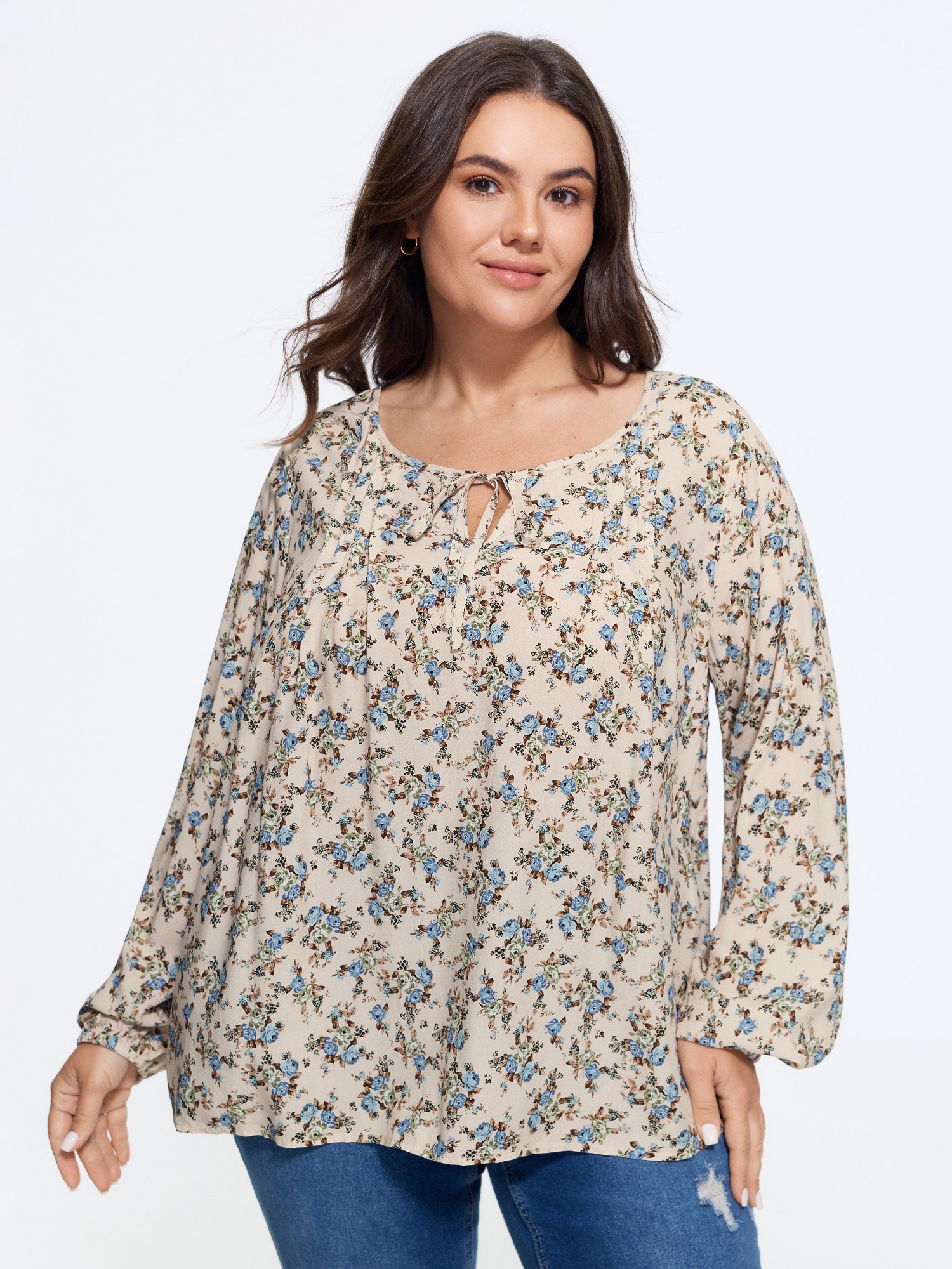 BloomChic Women's Plus Size Supersoft Floral Print Drawstring Round Neck Blouse Beige Ditsy Floral Everyday-Casual Long Sleeve V-Notch Neck 10/M