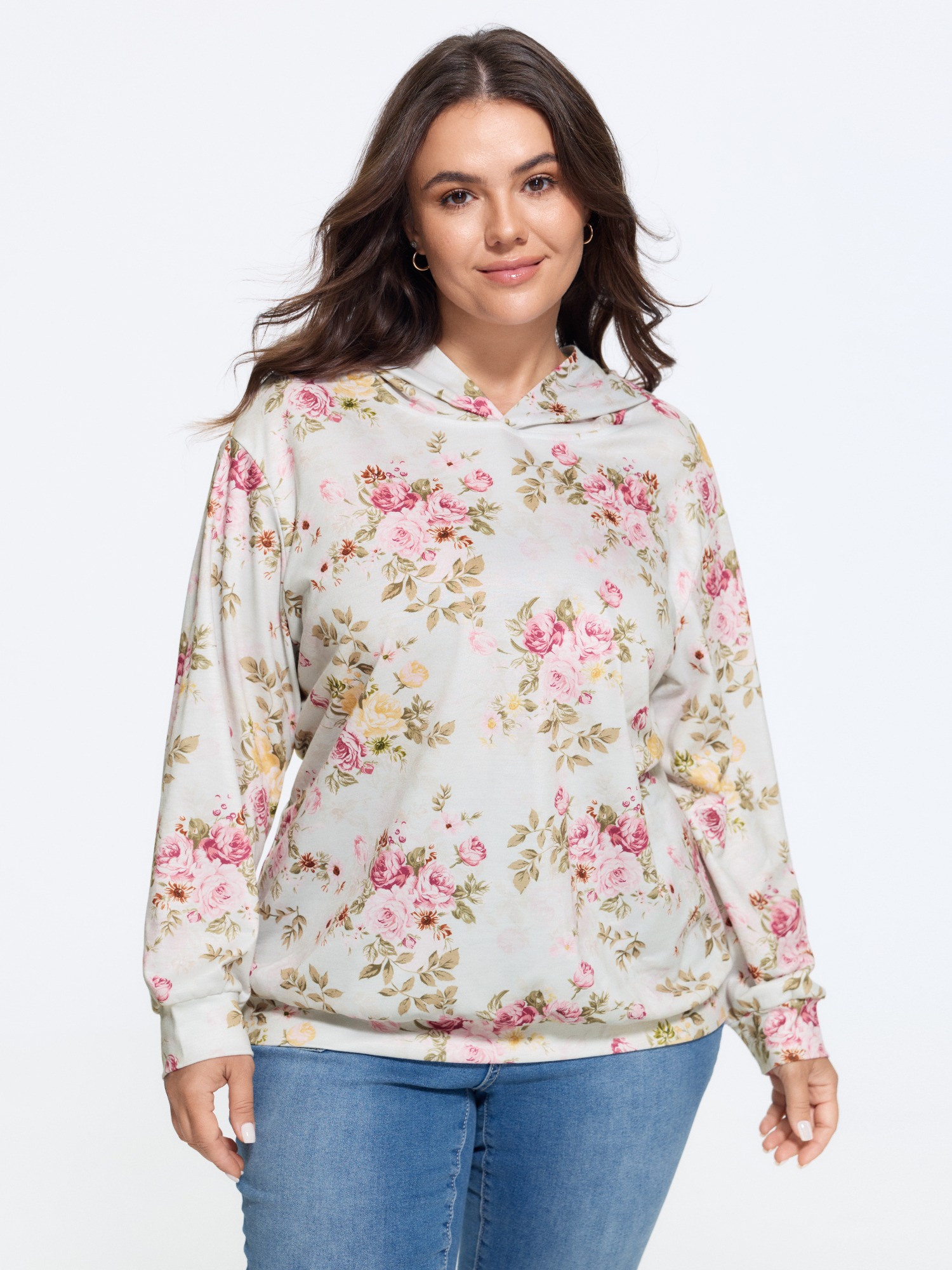 BloomChic Plus Size Rose Print Hooded Loose Fit Sweatshirt - Women's WhiteSmoke Floral Hooded Neck Comfort Midsection Fit Long Sleeve Americana Daily Sweatshirts 14/M