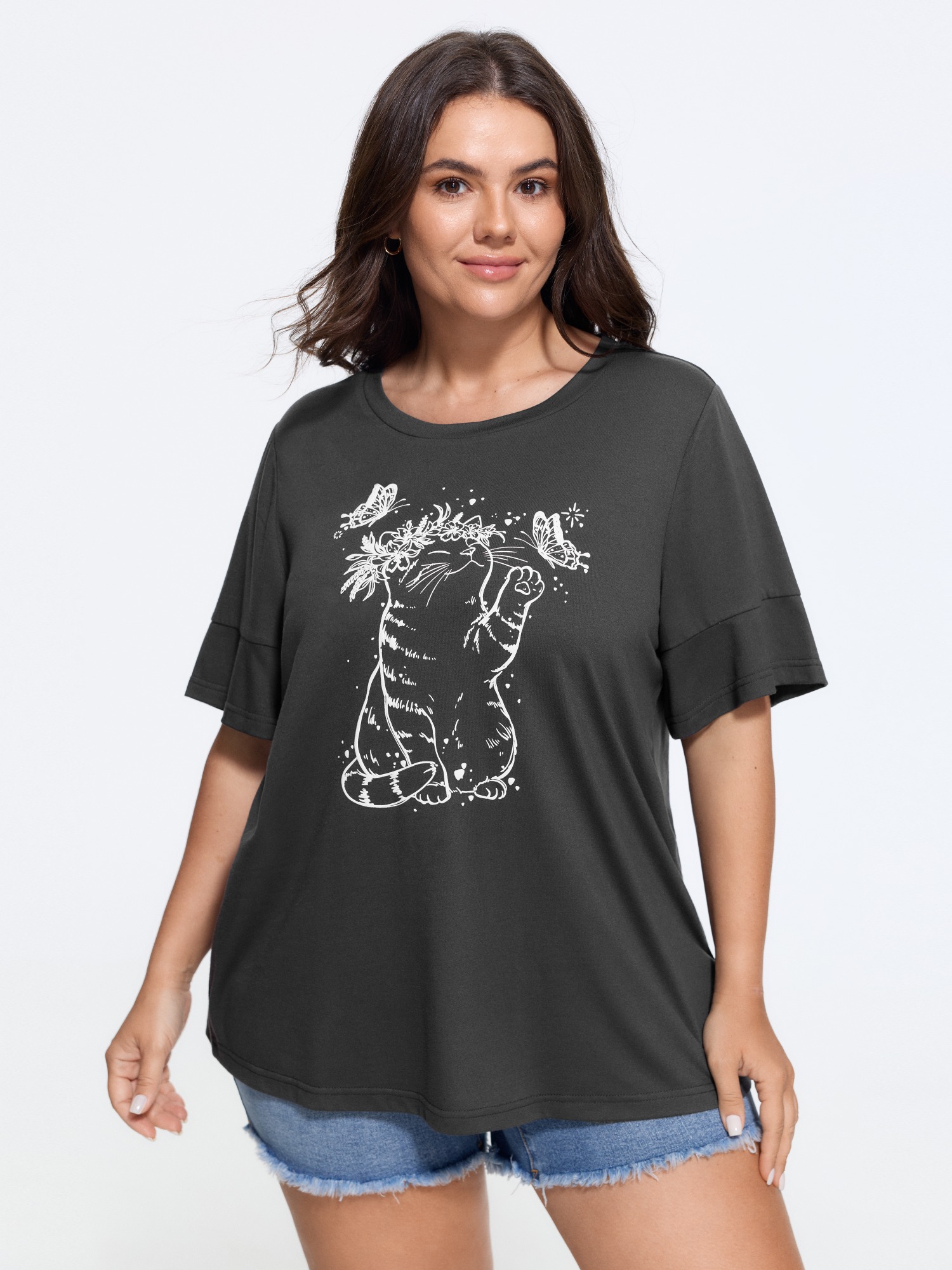 BloomChic Women's Plus Size Supersoft Stretchy Cat Butterfly Print Crew Neck T-Shirt DimGray Animal Motif Everyday-Casual Short sleeve Round Neck 10/M