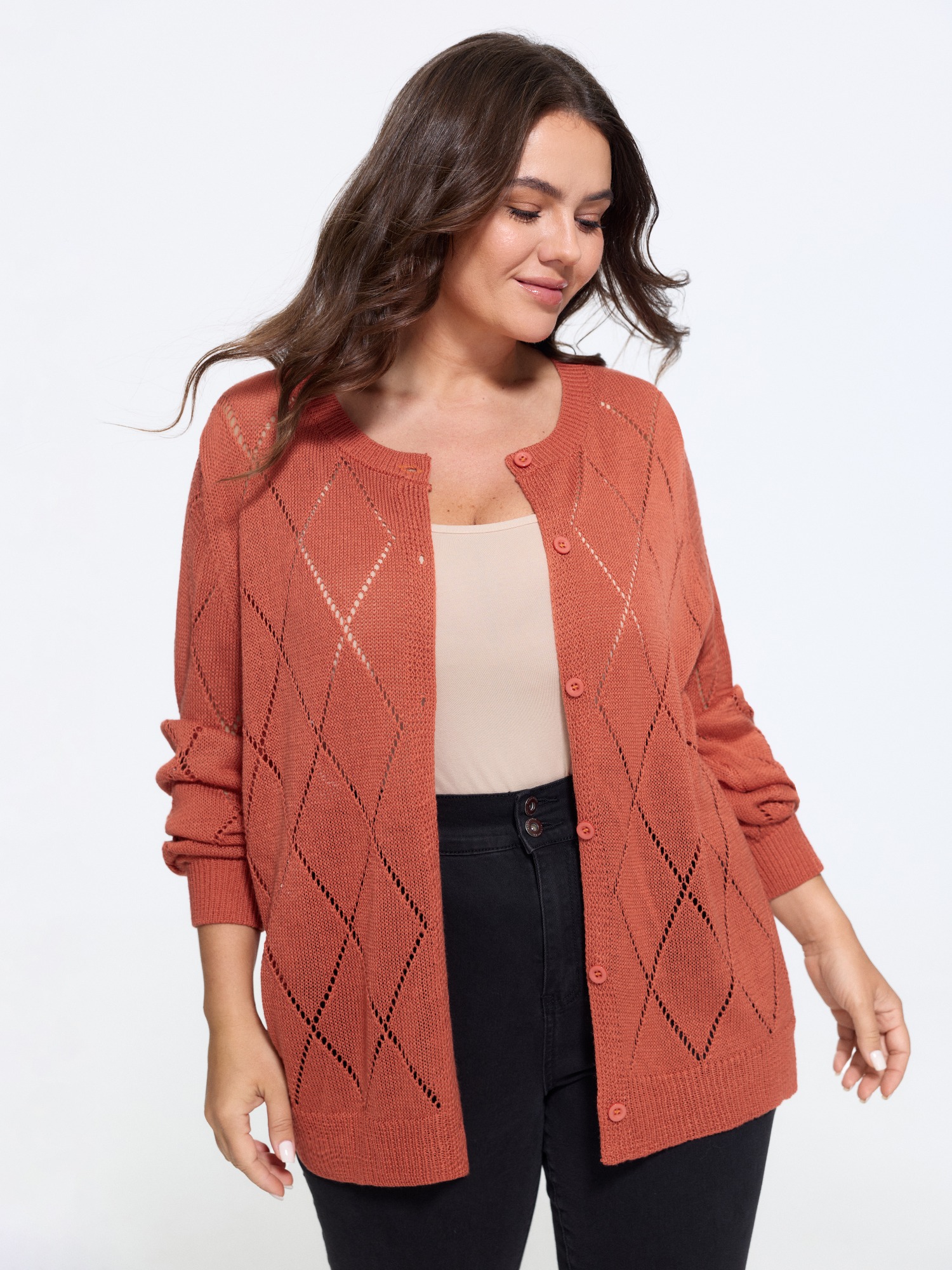 BloomChic Women's Plus Size Diamond Hollow Button Long Sleeve Cardigan Brightorange Long Sleeve Round Neck 10/M