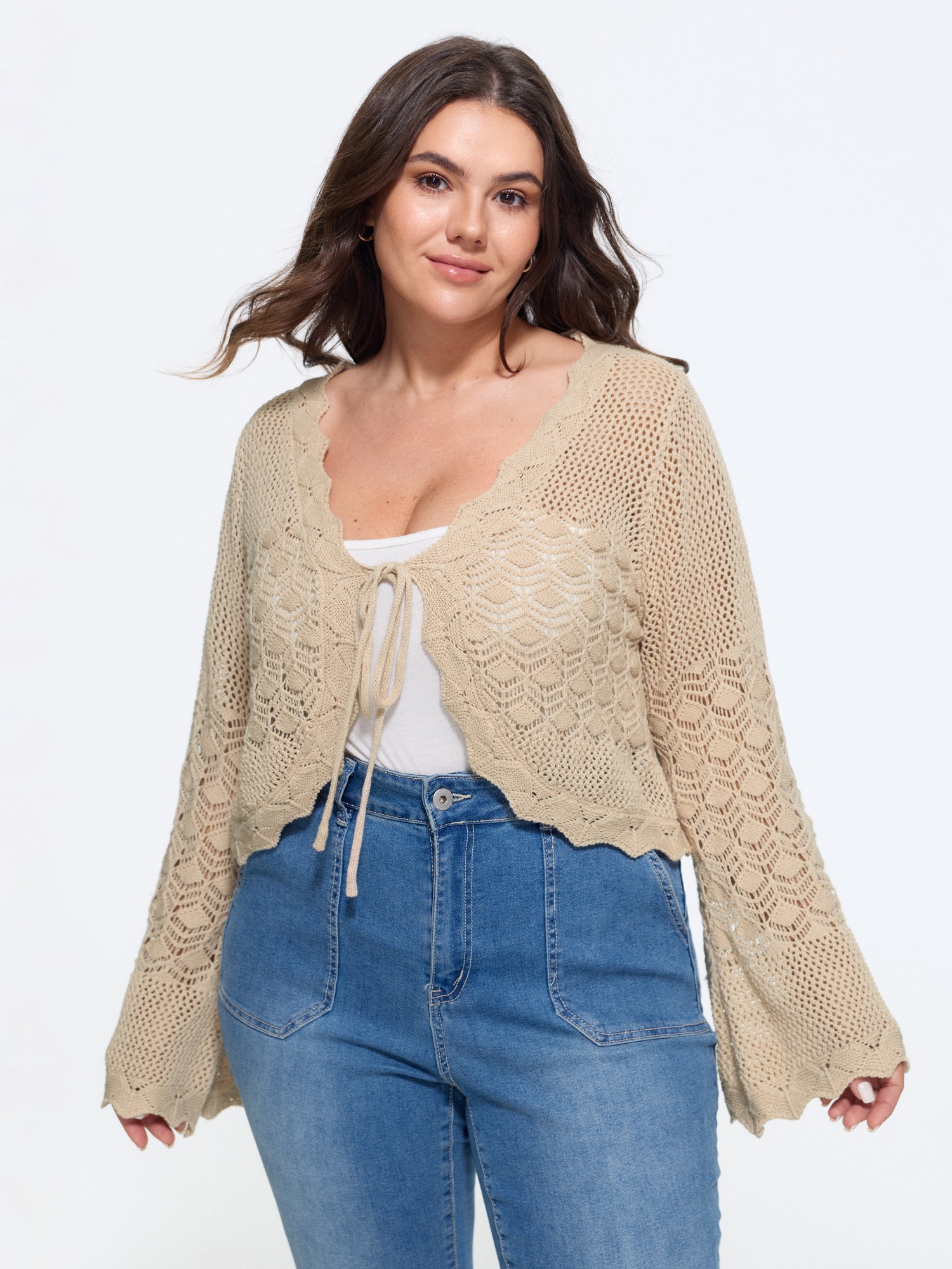BloomChic Women's Plus Size Scallop Trim Drawstring Flare Sleeve Hollow Cardigan Apricot Long Sleeve V-Neck 10/M
