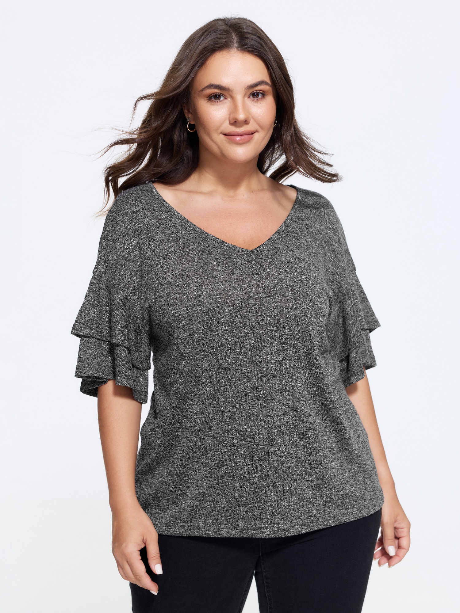 BloomChic Plus Size Supersoft Stretchy Double Ruffle Sleeve Casual Top - Women's DimGray Solid V-Neck Comfort Sleeve Fit Short sleeve Leisure Knit Tops 26-28/3X