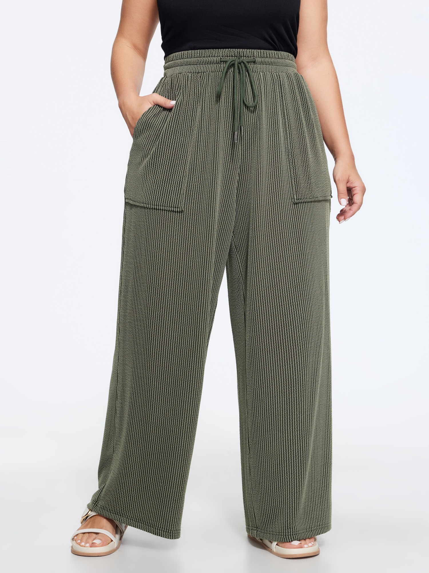 BloomChic Women's Plus Size Textured Drawstring Pocket Wide Leg Pants ArmyGreen Stripes Straight fit Mid Rise Everyday-Casual 10/M