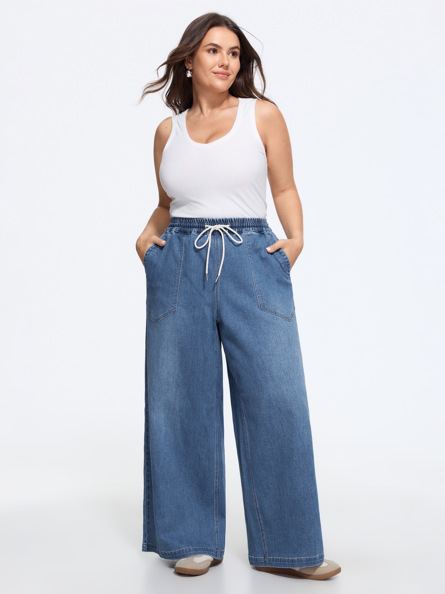Bloomchic Stretchy Drawstring Waist Pocket Wide Leg Jeans In Midblue