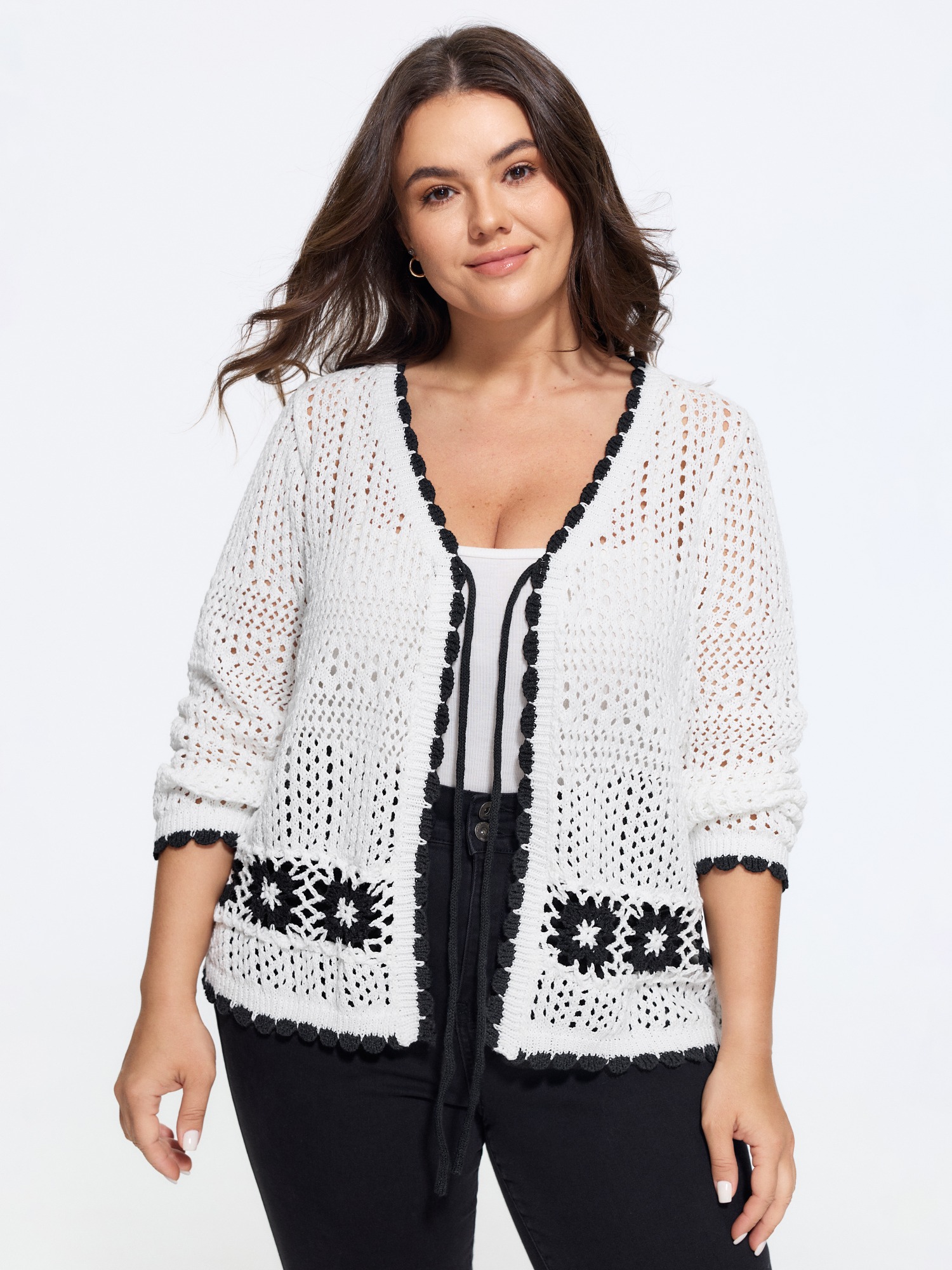 BloomChic Women's Plus Size Floral Contrast Hollow Drawstring Cardigan Ivory Long Sleeve V-Neck 10/M
