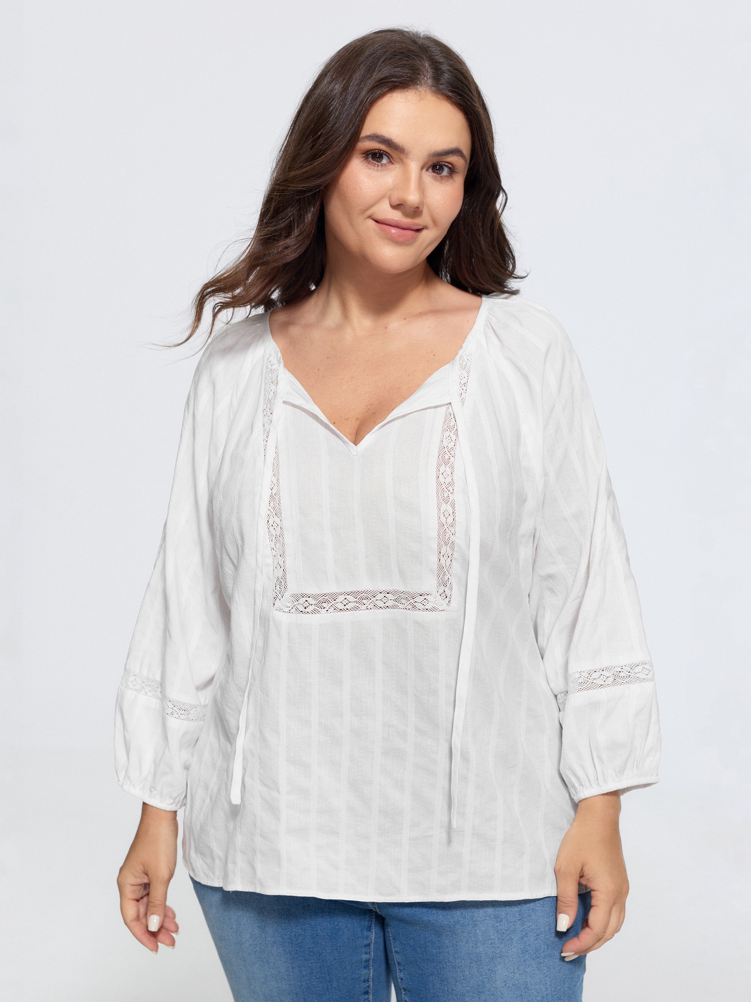 BloomChic Women's Plus Size Supersoft Crochet Lace V Neck Drawstring Blouse Opticwhite Solid Everyday-Casual 3/4 Sleeve V-Notch Neck 10/M