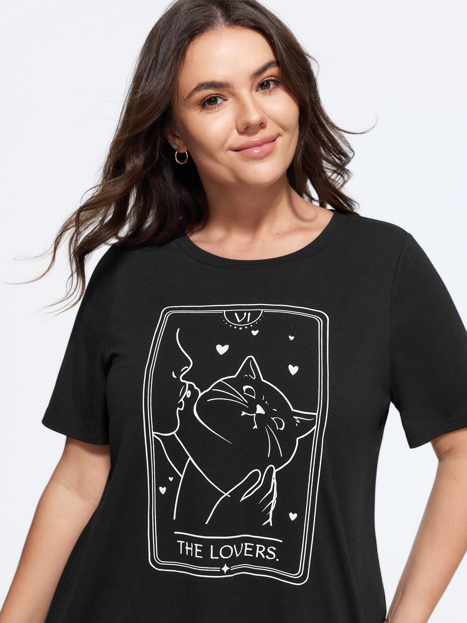 BloomChic Women's Plus Size Crew Neck Cat Print Curved Hem T-Shirt Black Animal Motif Everyday-Casual Short sleeve Round Neck 10/M