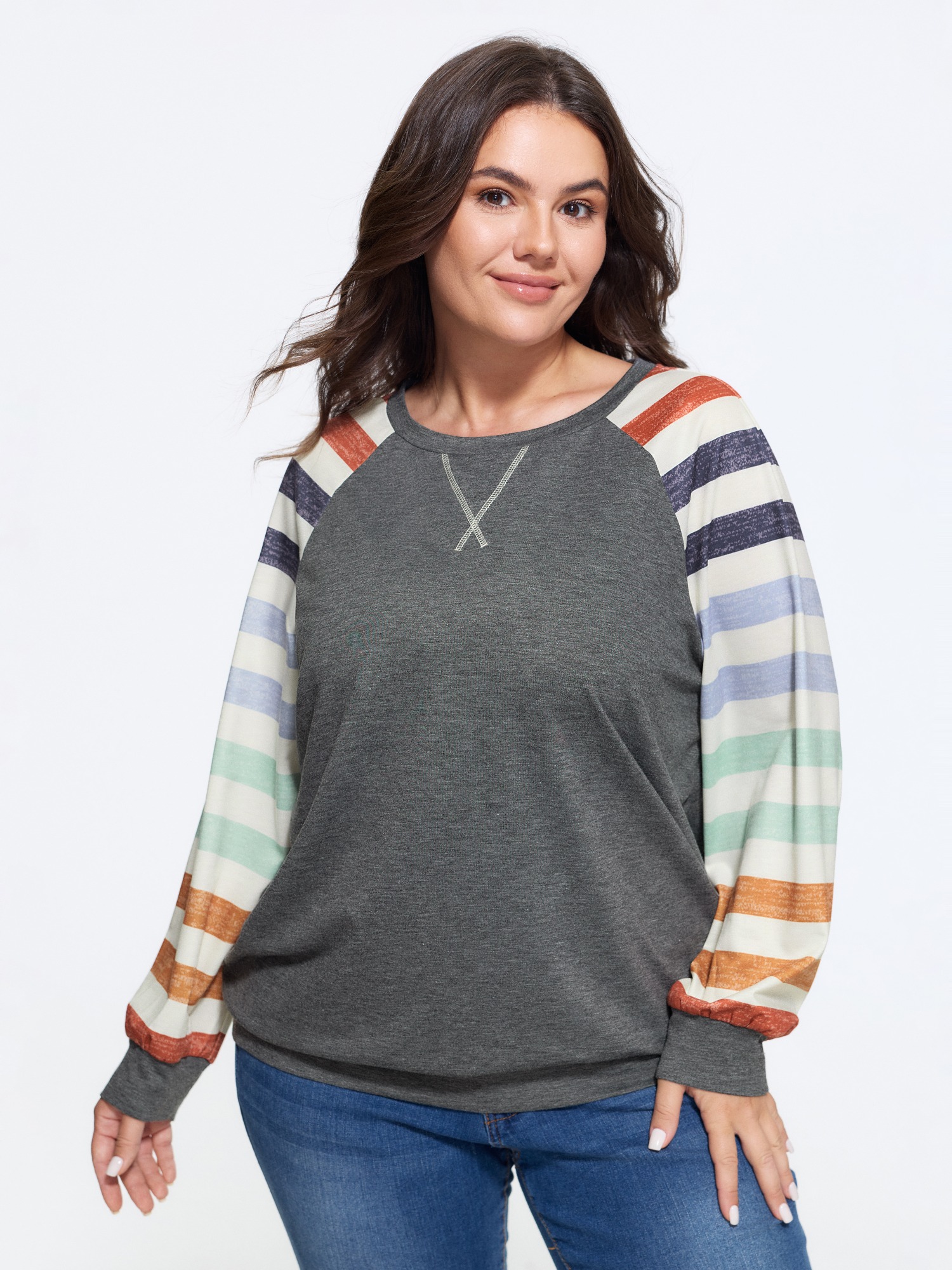 BloomChic Women's Plus Size Supersoft Colorful Striped Sleeve Criss‑Cross Stitch Sweatshirt DimGray Everyday-Casual Round Neck 10/M