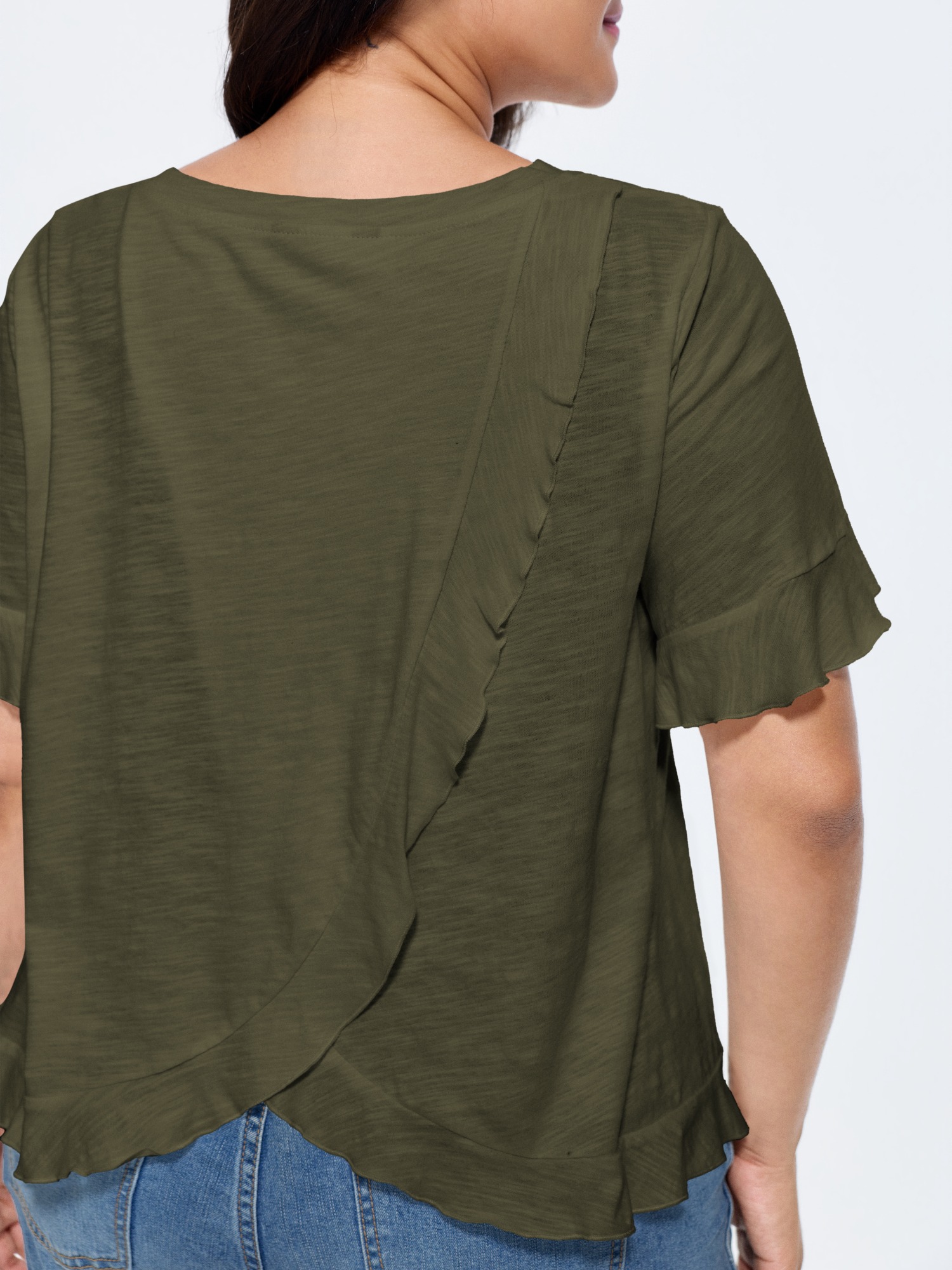 BloomChic Women's Plus Size Cotton Overlap Back Sheer Ruffled T-Shirt Dusty Olive Solid Everyday-Casual Short sleeve Round Neck 10/M