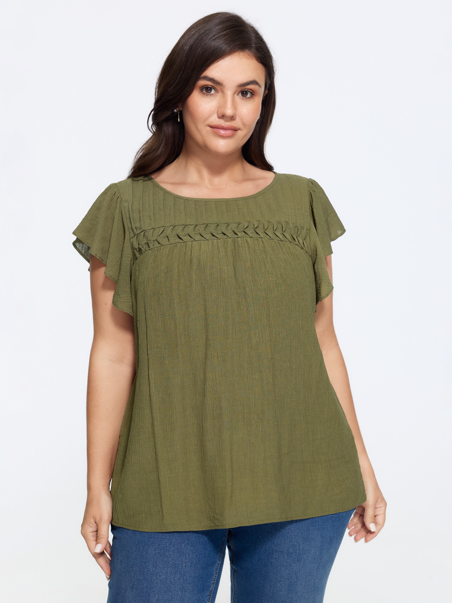 BloomChic Women's Plus Size Textured Front Pleat Flutter Sleeve Blouse ArmyGreen Solid Everyday-Elegant Cap Sleeve Round Neck 10/M