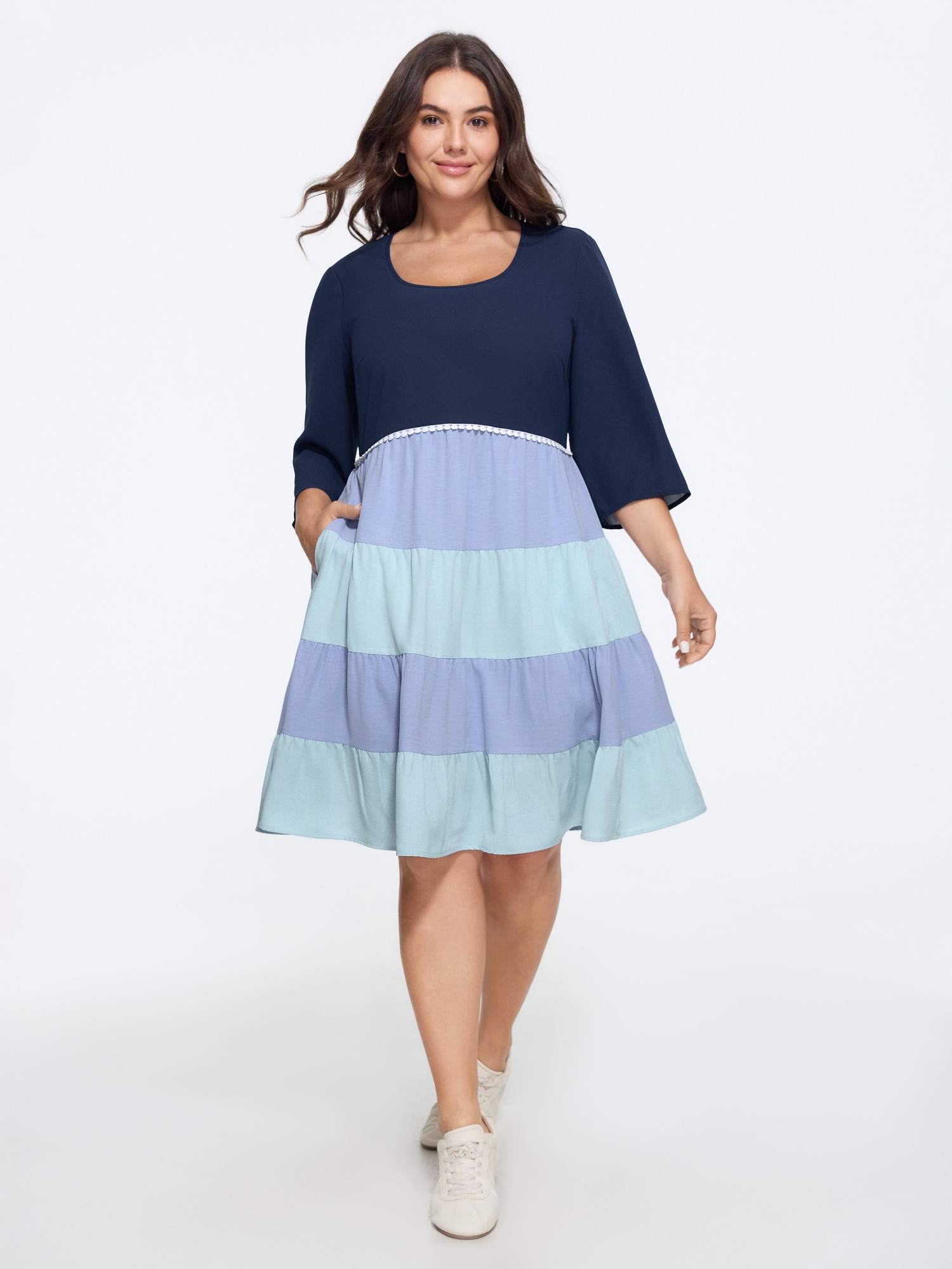 BloomChic Women's Plus Size U Neck Color Block Tiered Mini Dress Multicolor Color Block Knee Length Everyday-Casual 10/M