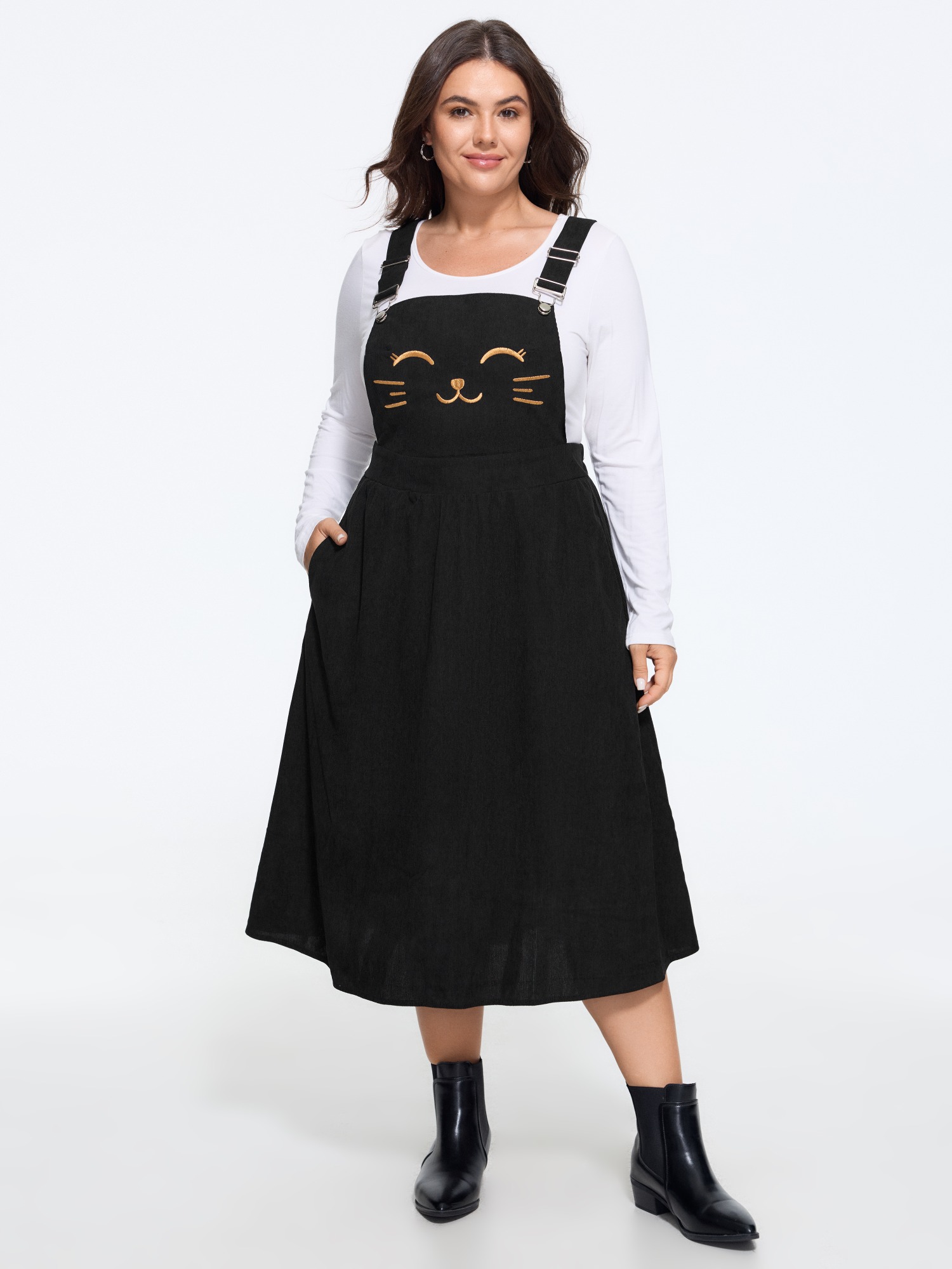 BloomChic Women's Plus Size Happy Cat Embroidery Overall Straps Midi Dress Black Midi Everyday-Casual Embroidered 10/M