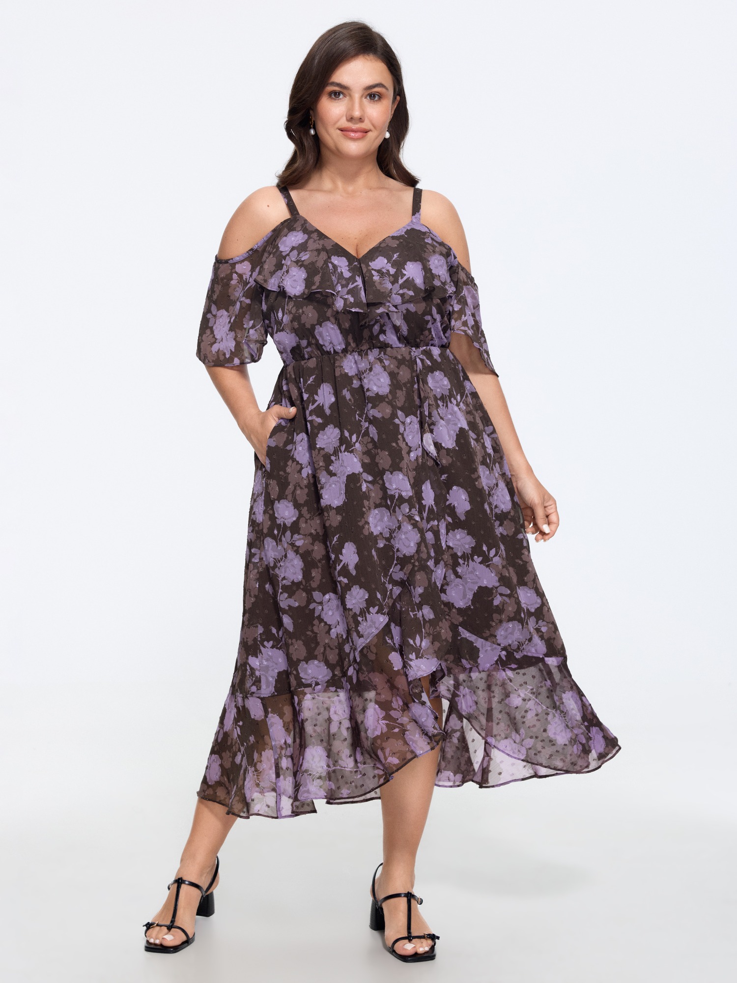 BloomChic Women's Plus Size Floral Burnout Textured Chiffon High Low Hem Midi Dress Mauve Floral Midi Everyday-Elegant Cold Shoulder 10/M