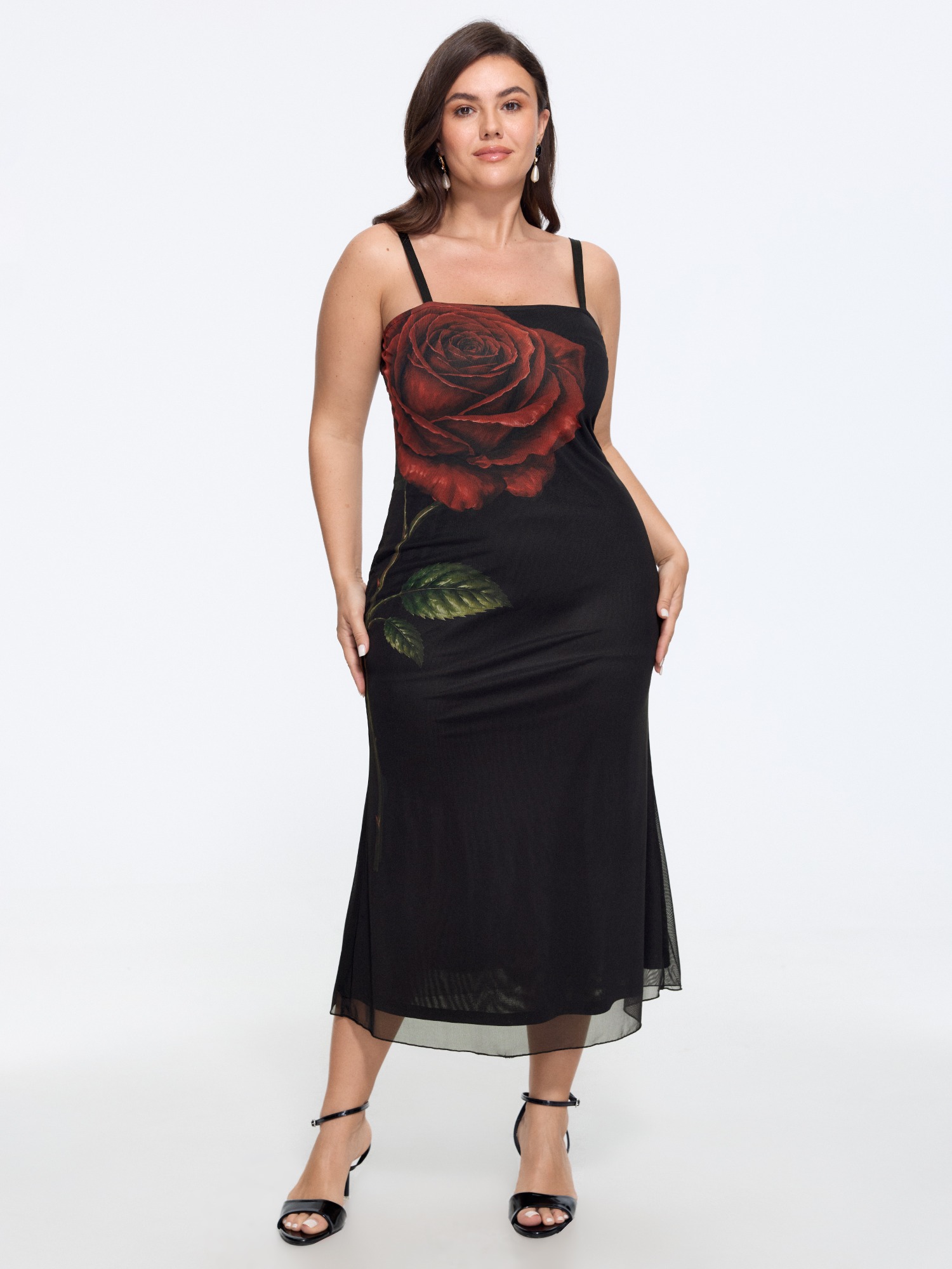 Bloomchic Rose Print Mesh Sleeveless Midi Dress In Black
