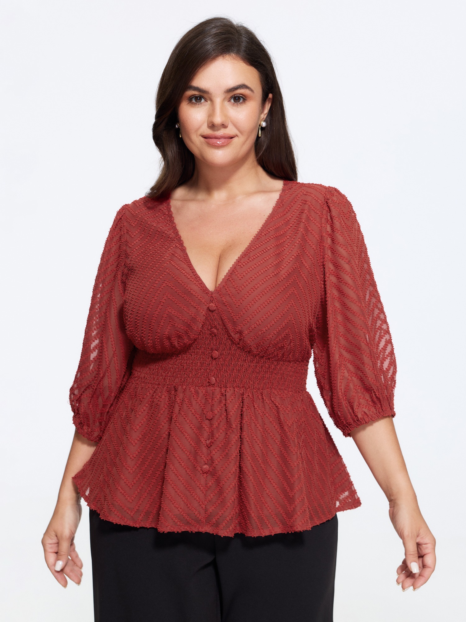 BloomChic Women's Plus Size V Neck Textured Shirred Waist Button Front Blouse Raspberry Solid Everyday-Elegant 3/4 Sleeve V-Neck 10/M