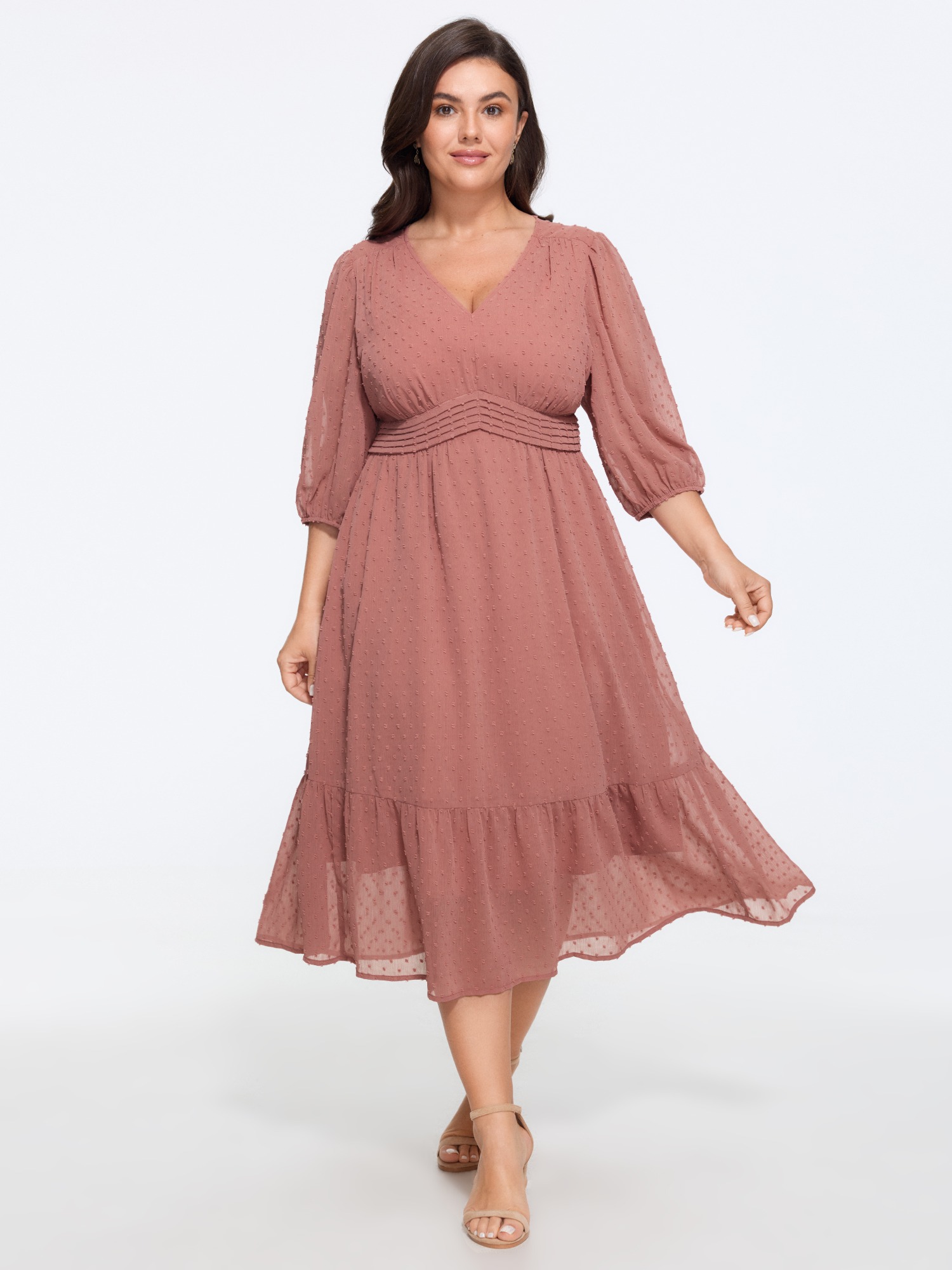 BloomChic Women's Plus Size Textured Shirred Waist Ruffle Chiffon Midi Dress Dirtypink Solid Midi Elegant Smocked 28/5X