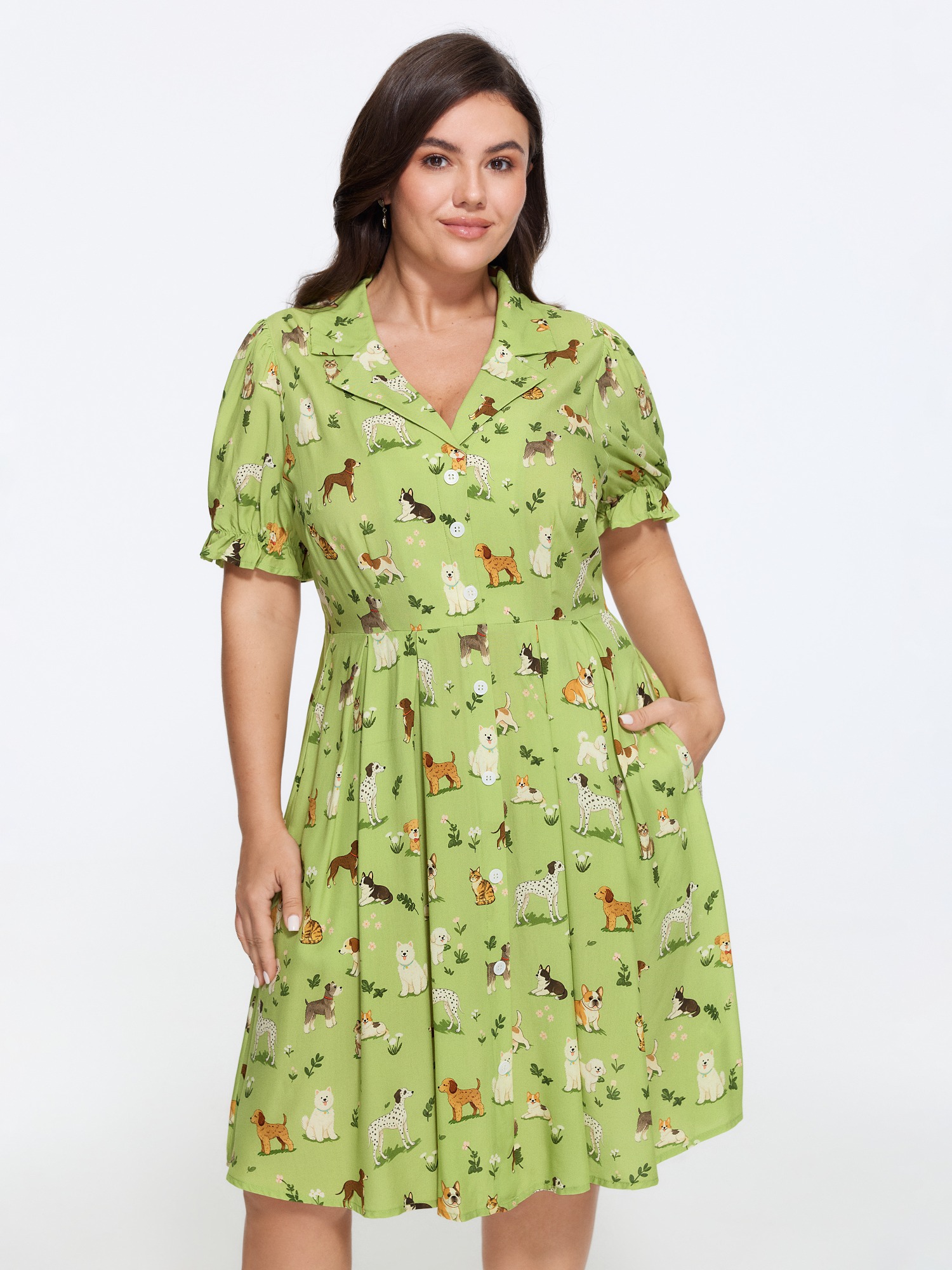 BloomChic Women's Plus Size Supersoft Dog Print Button Front Pockets Mini Dress Greenbean Animal Motif Mini Everyday-Elegant Button Front 28/5X