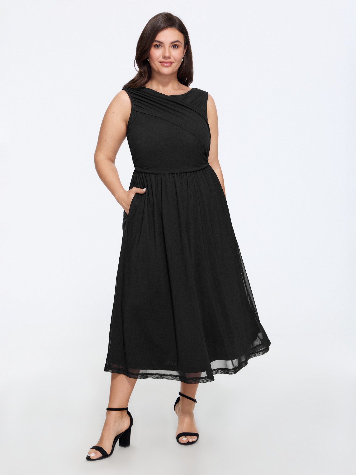 BloomChic Women's Plus Size Solid Sleeveless Round Neck Mesh Midi Dress Black Solid Midi Everyday-Elegant Wrap / Overlap 22-24/3X