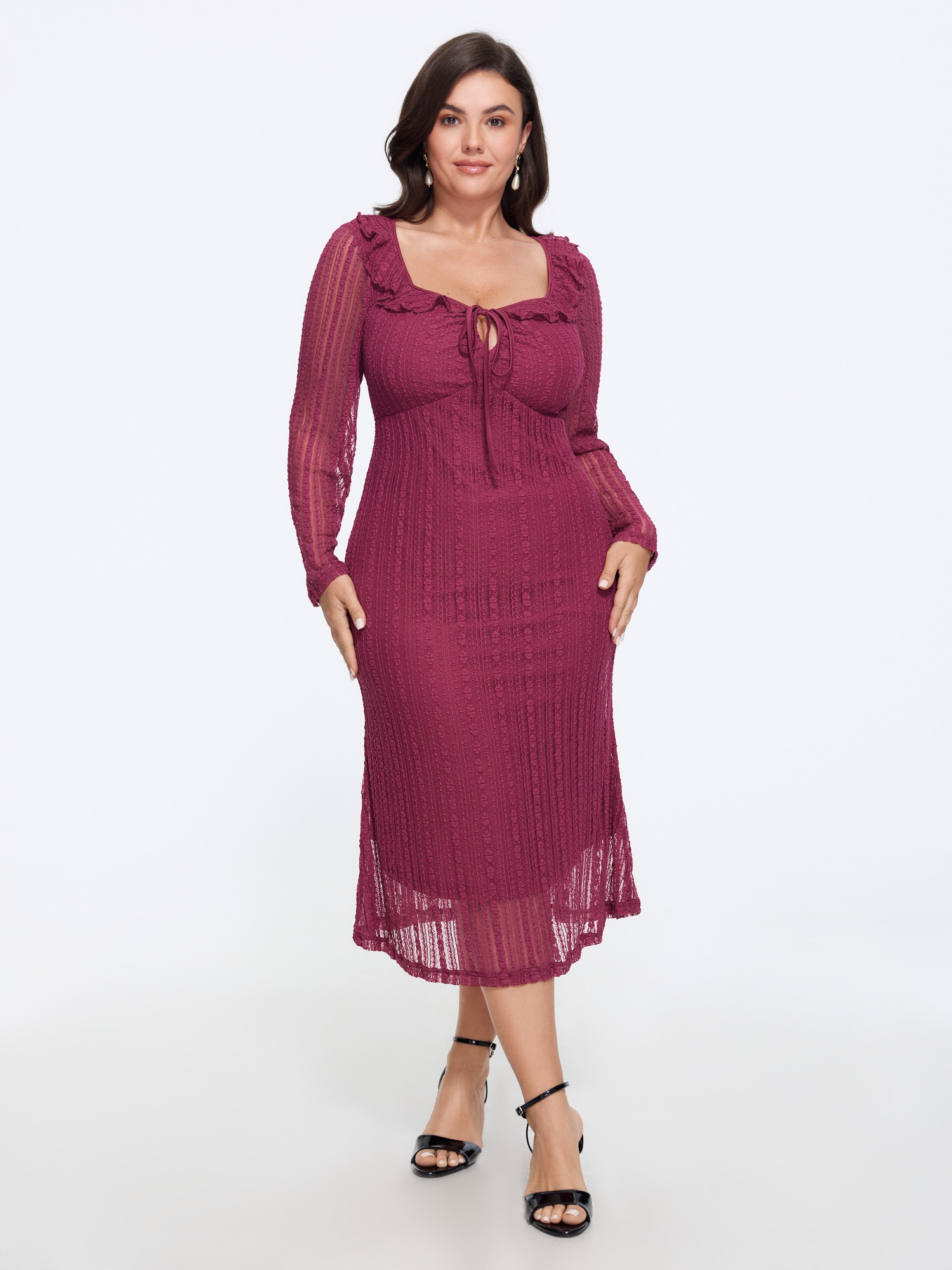 BloomChic Women's Plus Size Lace Mesh Square Neck Ruffle Tie Front Midi Dress Maroon Solid Midi Everyday-Elegant Lace-Up 22-24/3X
