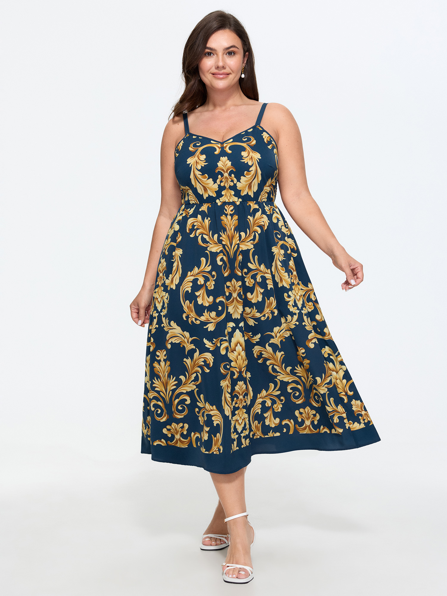 BloomChic Women's Plus Size Boho Floral Print Shirred Waist Midi Dress Indigo Ethnic Floral Midi Everyday-Elegant 10/M