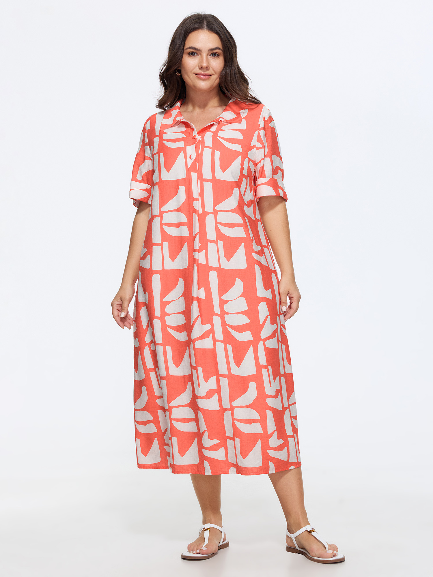 BloomChic Women's Plus Size Supersoft Abstract Print Pockets Midi Shirt Dress Salmon Geometric Tall Everyday-Casual Button Front 10/M