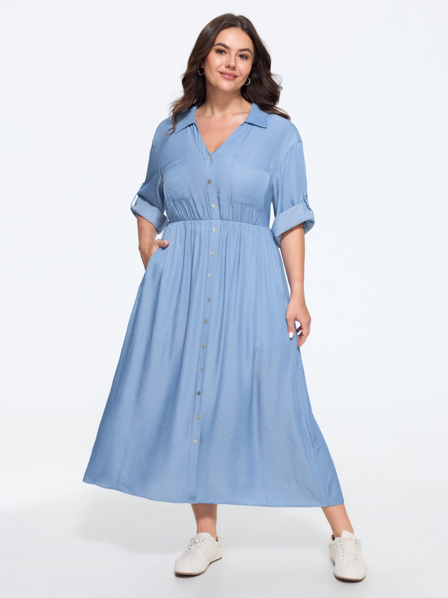 BloomChic Women's Plus Size Textured Roll Tab Sleeve Pocket Midi Dress LightBlue Solid Tunic Everyday-Casual Button Front 10/M
