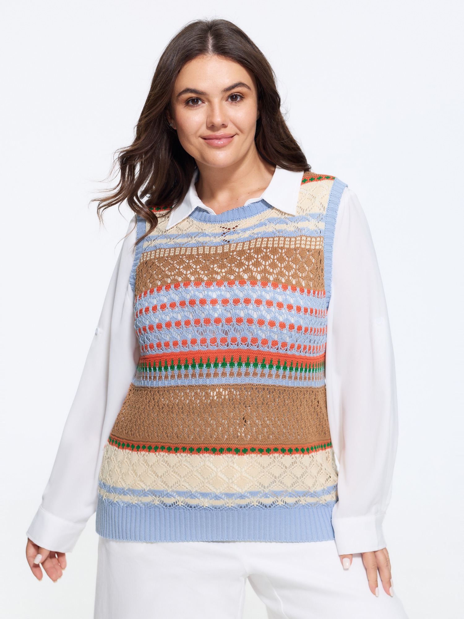 BloomChic Multicolor Striped Hollow Crew Neck Sweater Vest Women's Plus Size Women Multicolor Round Neck 10/M