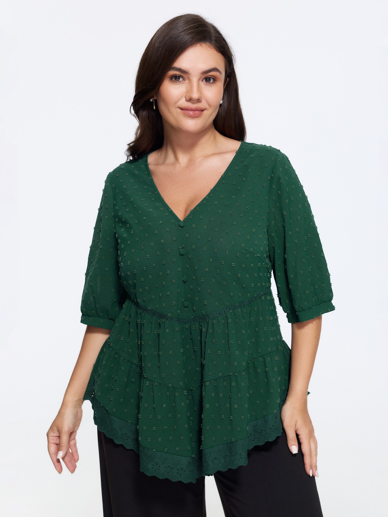 BloomChic Women's Plus Size Textured Lace Trim Hem Tiered Blouse DarkGreen Solid Everyday-Elegant 3/4 Sleeve V-Neck 10/M