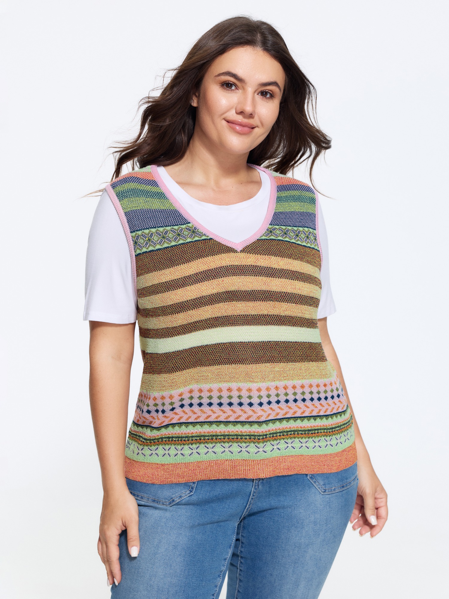 BloomChic Texture Vintage Striped V Neck Sweater Vest Women's Plus Size Women Multicolor V-Neck 10/M