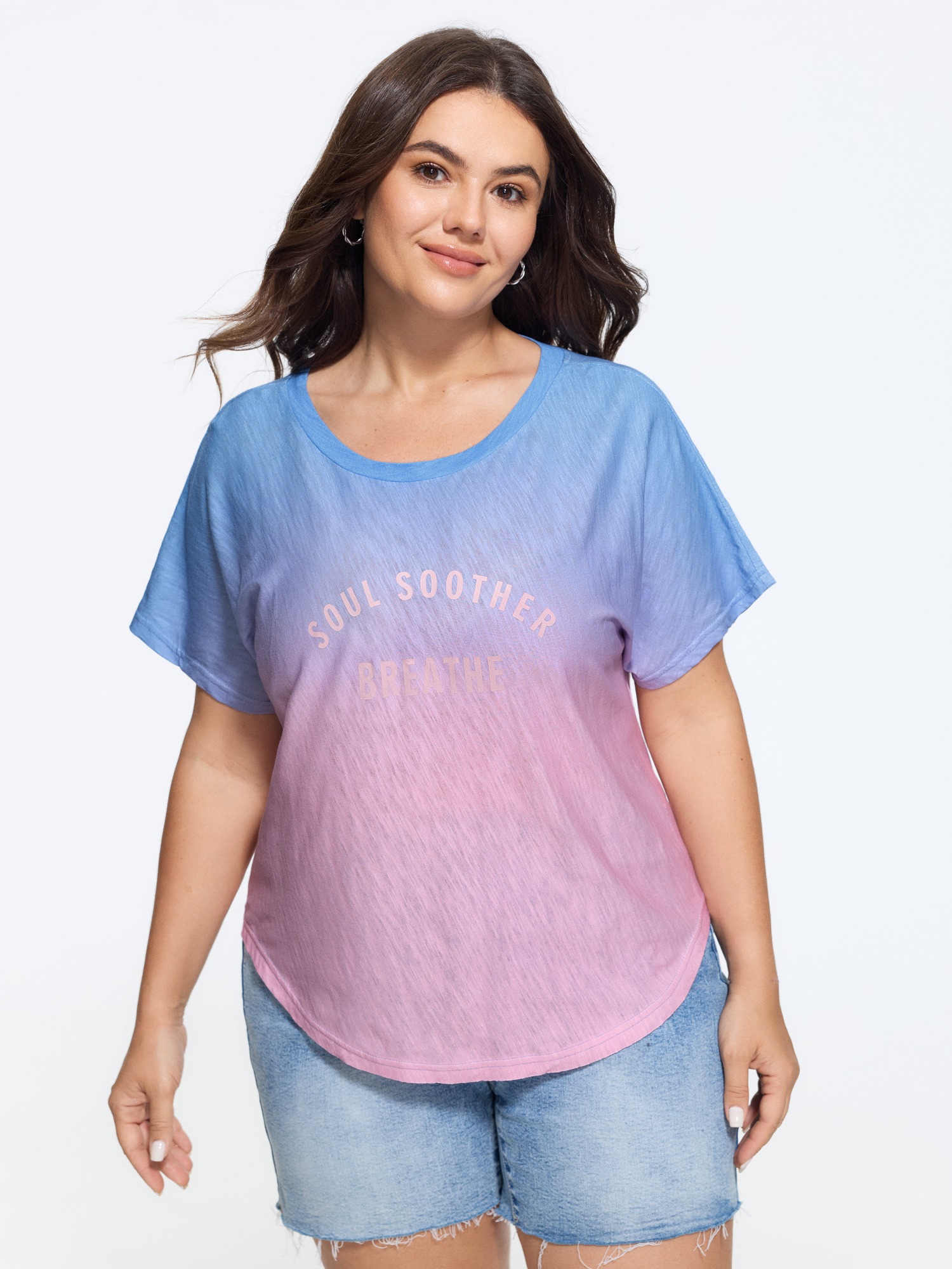 BloomChic Women's Plus Size Cotton Gradient Ombre Letter Print Curved Hem T-Shirt Multicolor Ombre Everyday-Casual Short sleeve Round Neck 10/M