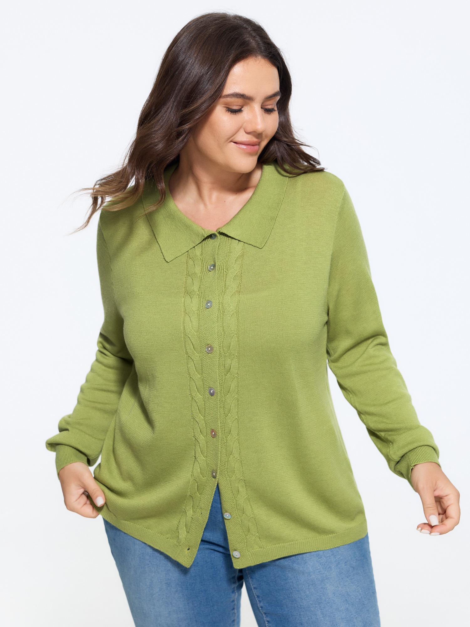 Bloomchic Supersoft Polo Collar Cable Knit Button Down Cardigan In Applegreen