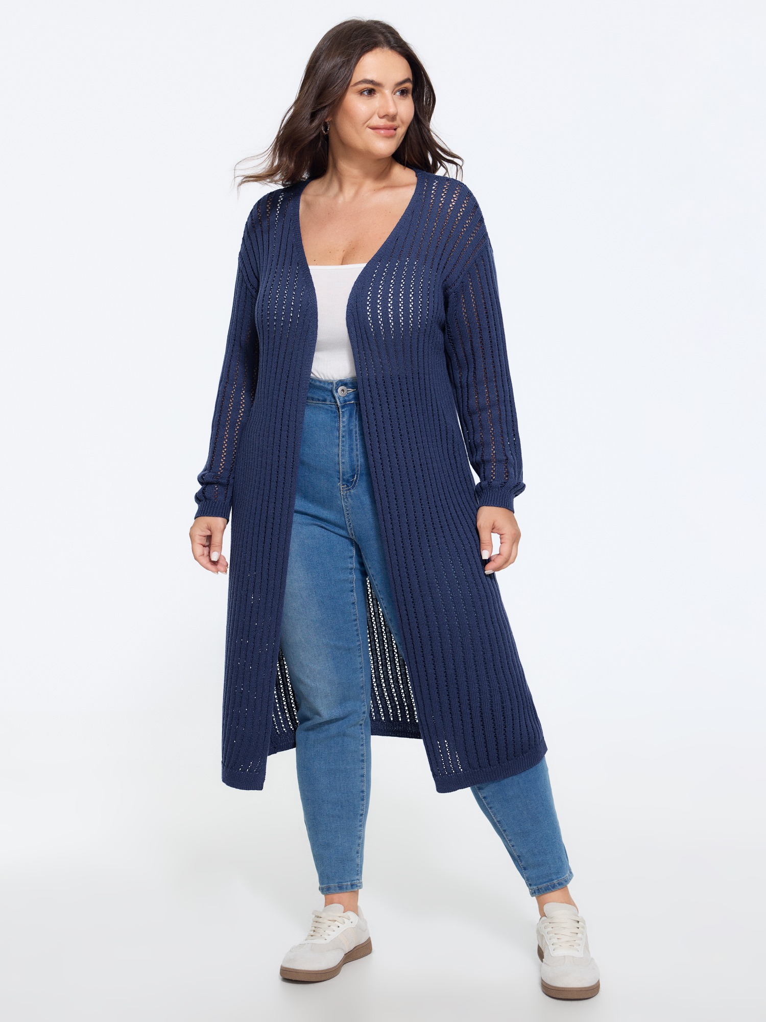 Bloomchic Textured Cut Out Open Front Long Cardigan In Darkblue