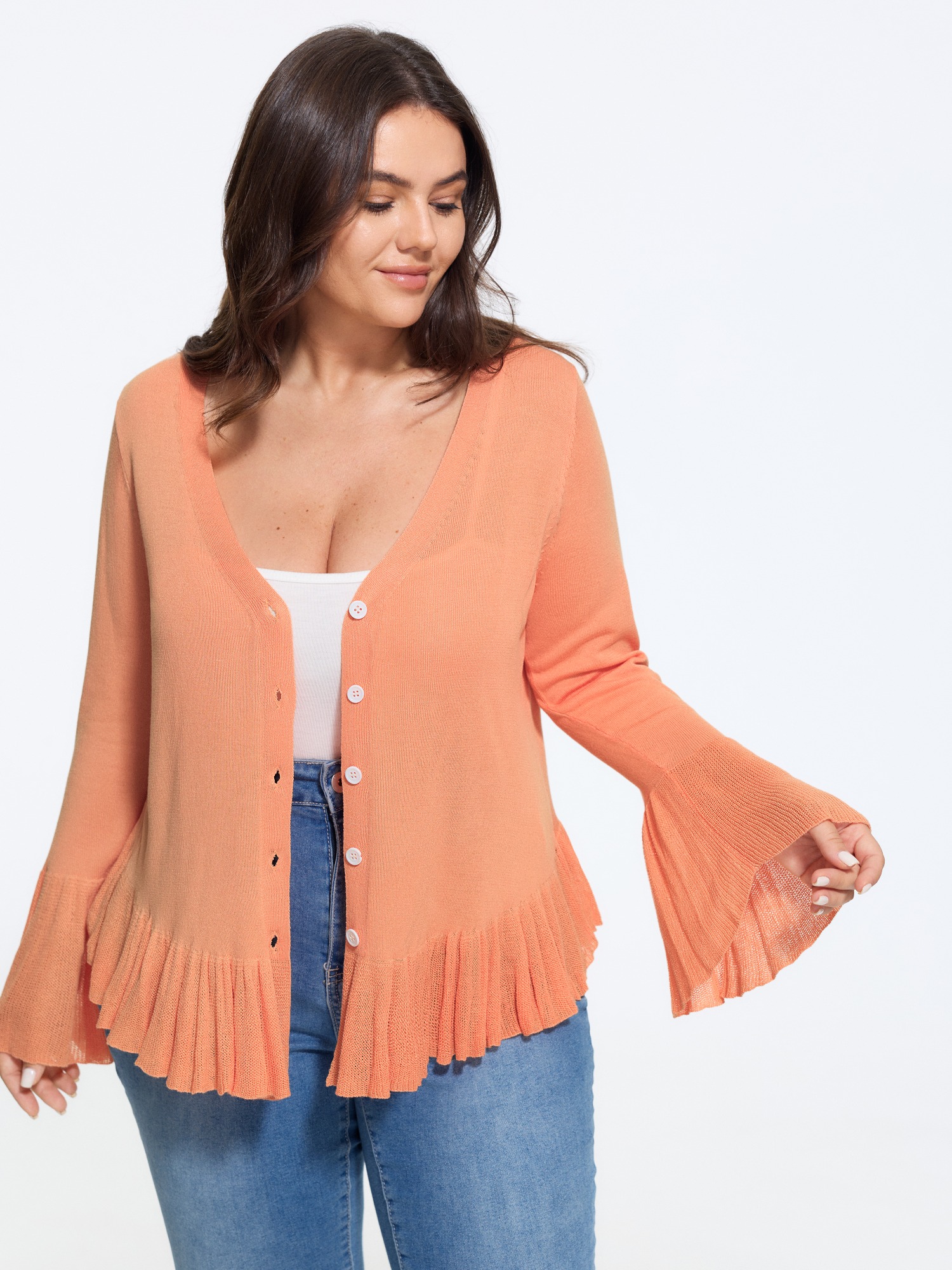 Bloomchic Lightweight Flared Sleeve Ruffle Hem Cardigan In Salmon