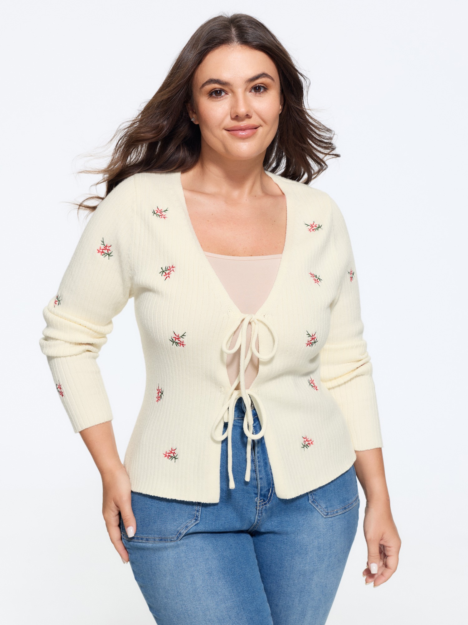 Bloomchic Floral Embroidery Tie Front Knit Cardigan In Originalwhite