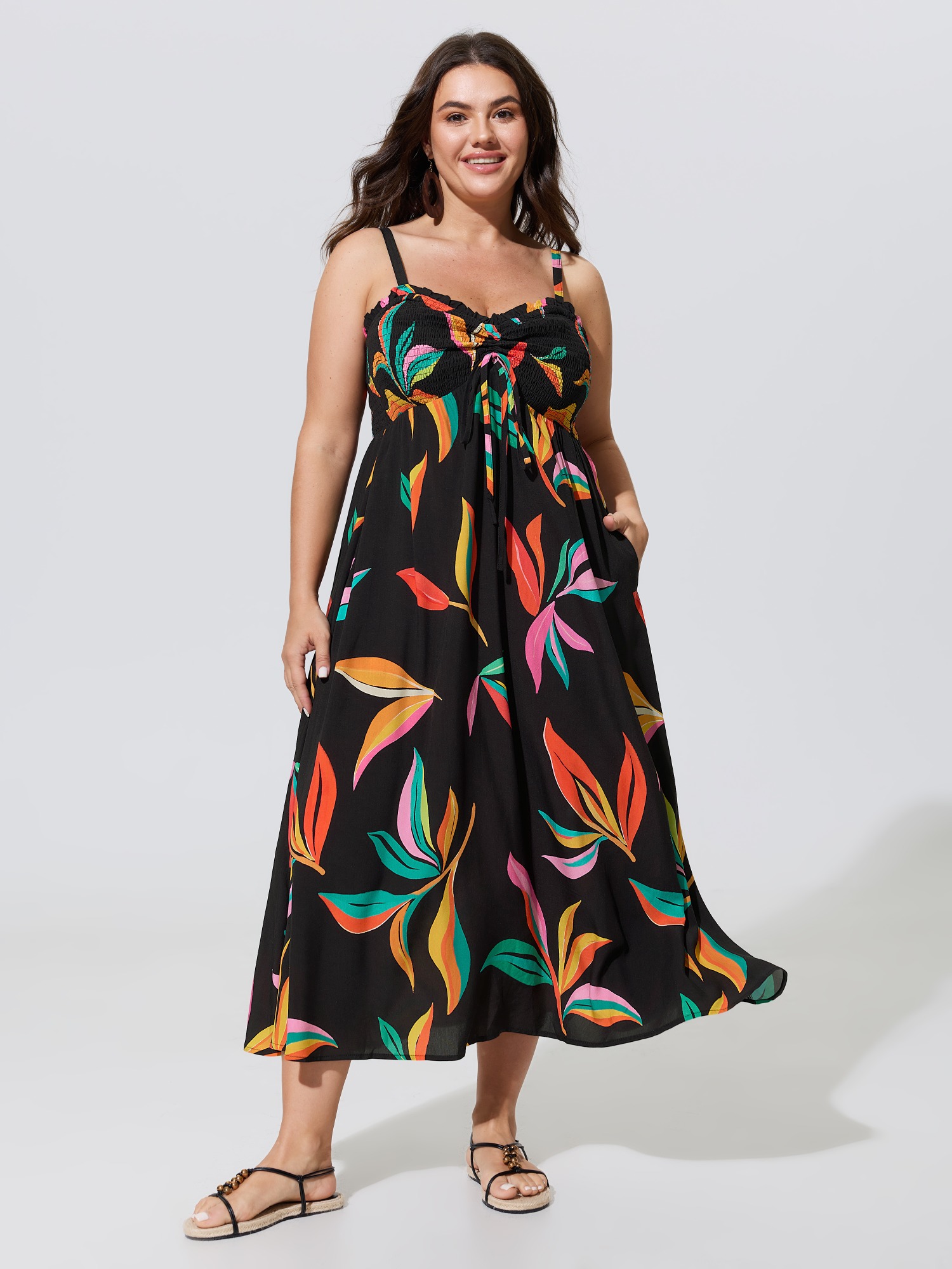 BloomChic Women's Plus Size Supersoft Leaf Print Shirred Bust Friendly Midi Dress BlackFlower Tropical Vacation Lace-Up 10/M
