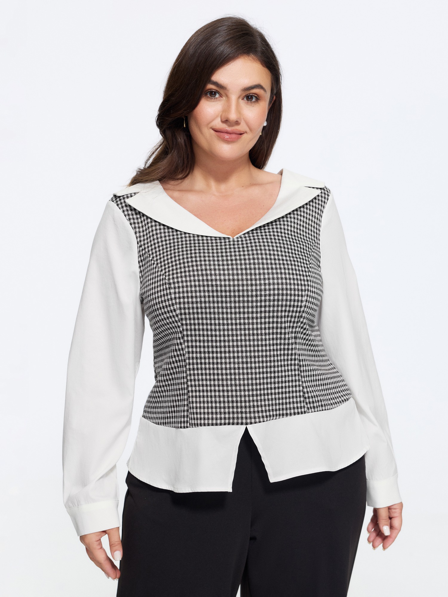 BloomChic Women's Plus Size Stretchy Lapel Neck Houndstooth Patchwork Fitted Blouse Opticwhite Plaid Everyday-Elegant Long Sleeve Collared Neck 26/4X