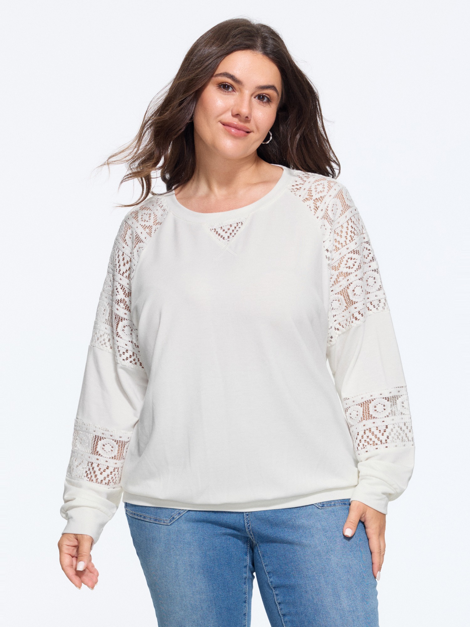 BloomChic Women's Plus Size Solid Sheer Lace Patchwork Crew Neck Sweatshirt Opticwhite Everyday-Casual Round Neck 12/L
