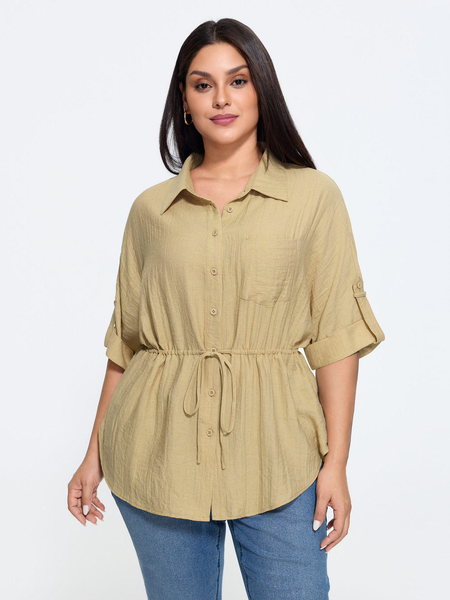 BloomChic Women's Plus Size Roll Tab Sleeve Drawstring Waist Blouse Champagne Solid Office Short sleeve Collared Neck 10/M