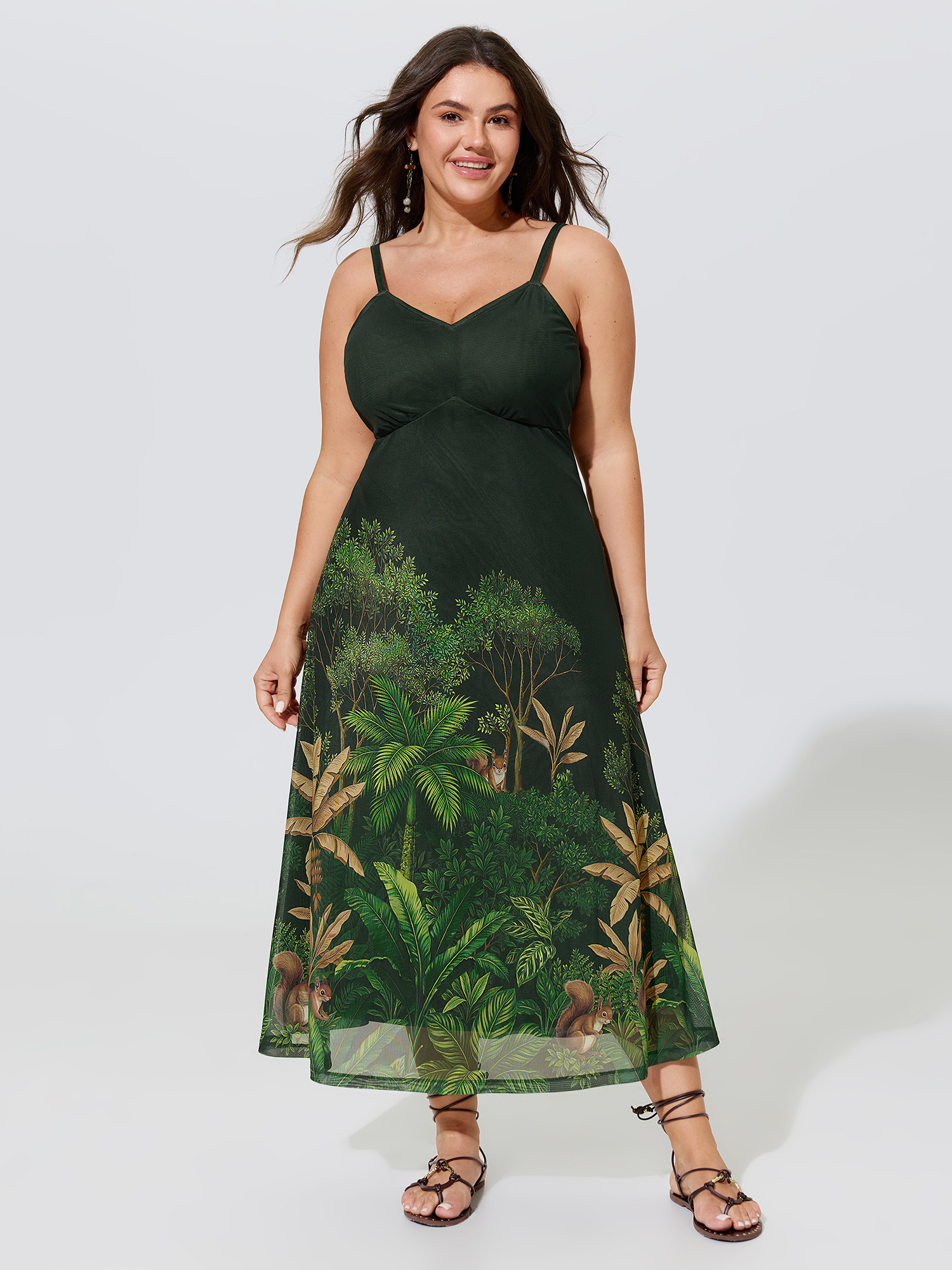 BloomChic Plus Size Jungle Print Mesh Spaghetti Strap Midi Dress - Curve Ladies Truegreen Resort Sleeveless Tropical Knit Dresses 14/M