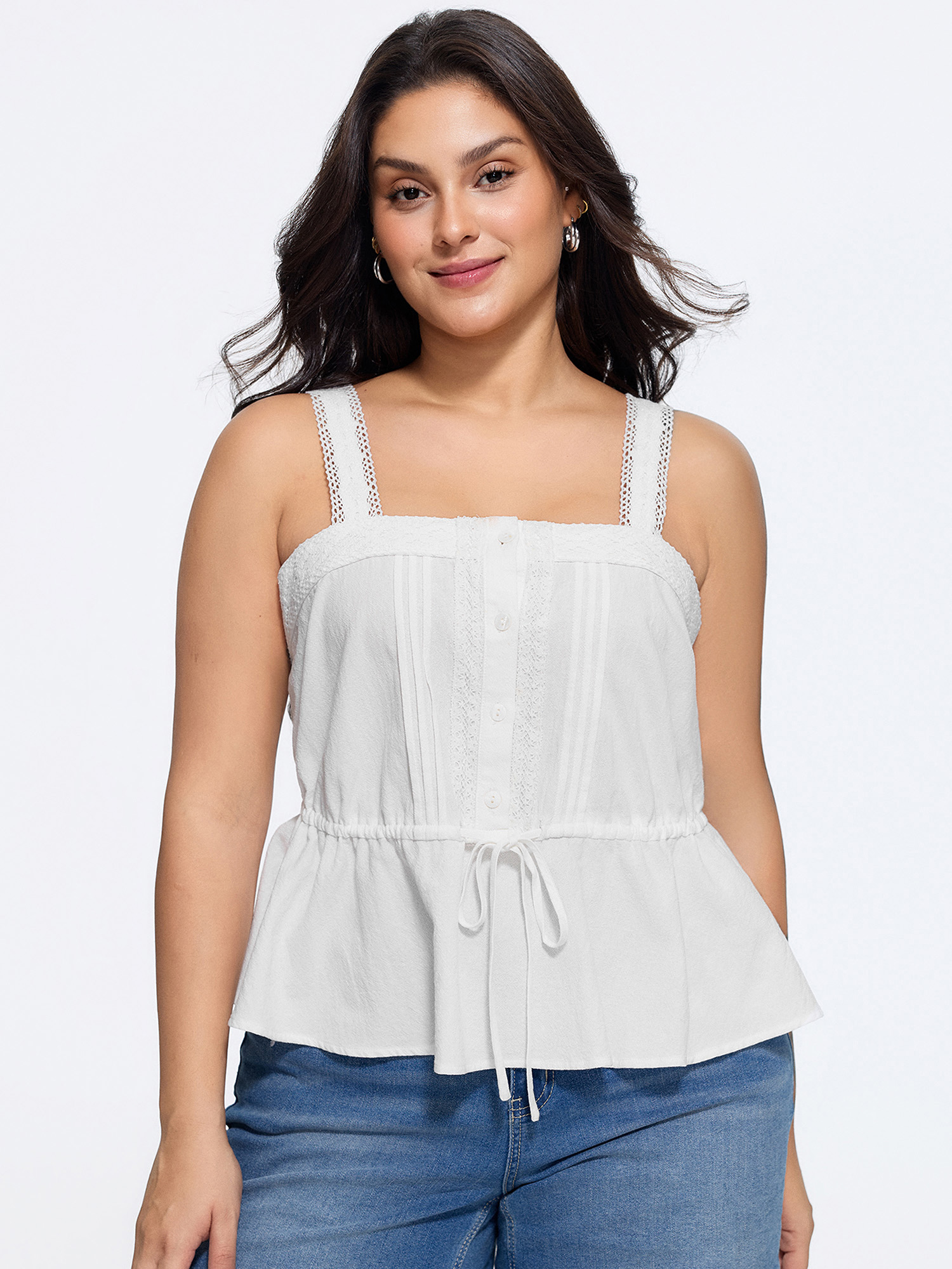 BloomChic Women's Plus Size Cotton Lace Trim Drawstring Waist Tank Top Originalwhite Everyday-Casual Fit & Flare Square Neck 10/M