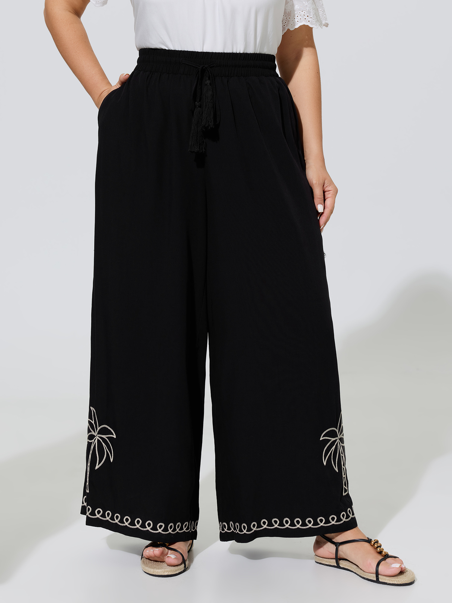 BloomChic Women's Plus Size Palm Embroidery Tassel Drawstring Wide Leg Pants Black Botanical Wide leg Mid Rise Vacation 10/M