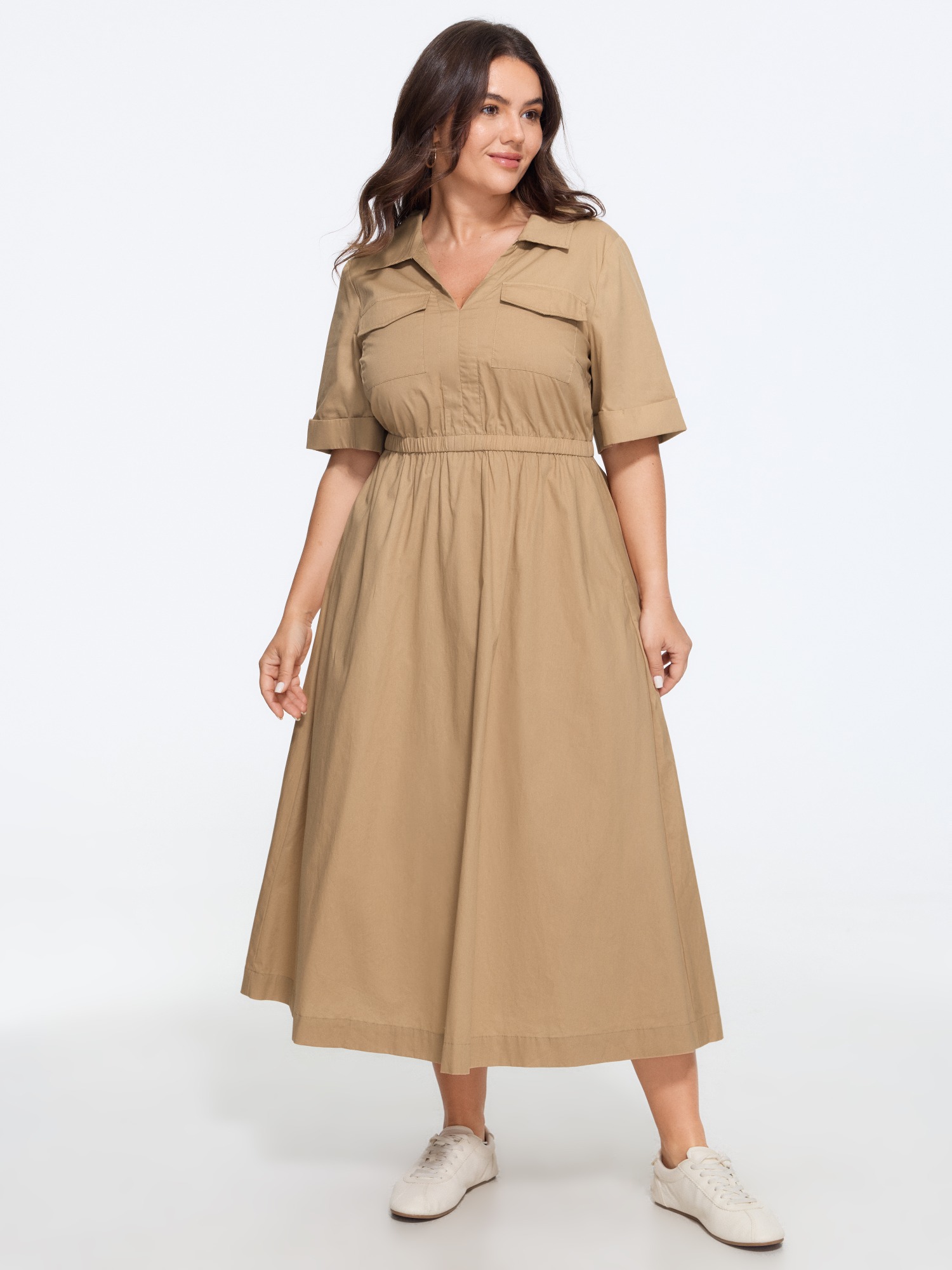 BloomChic Women's Plus Size Cotton Cuffed Short Sleeve Midi Dress Tan Solid Tunic Casual Smocked 14-16/1X