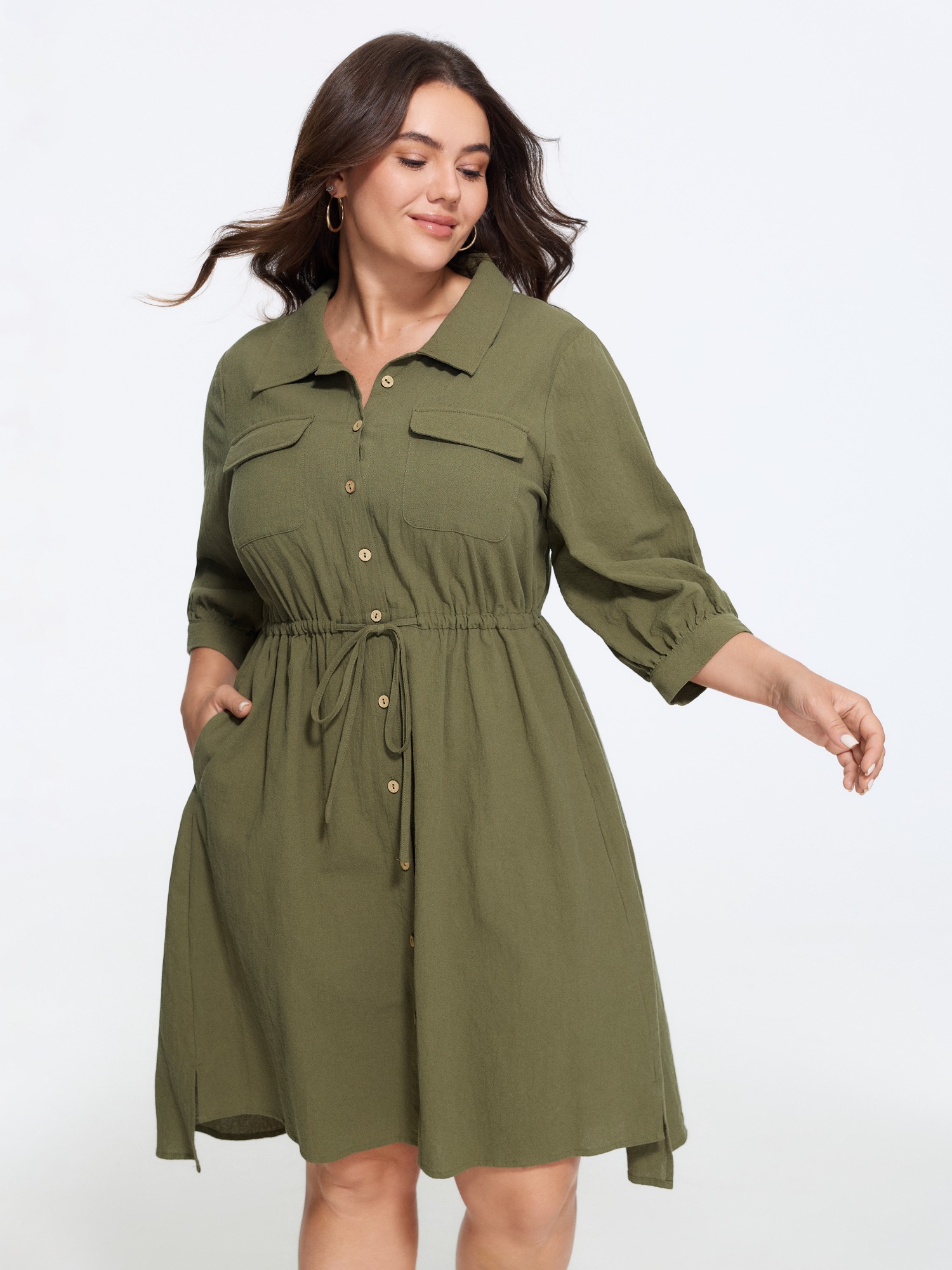 BloomChic Women's Plus Size Cotton Lapel Collar Button Front Drawstring Waist Mini Dress Sage Solid Knee Length Everyday-Casual Button Front 10/M