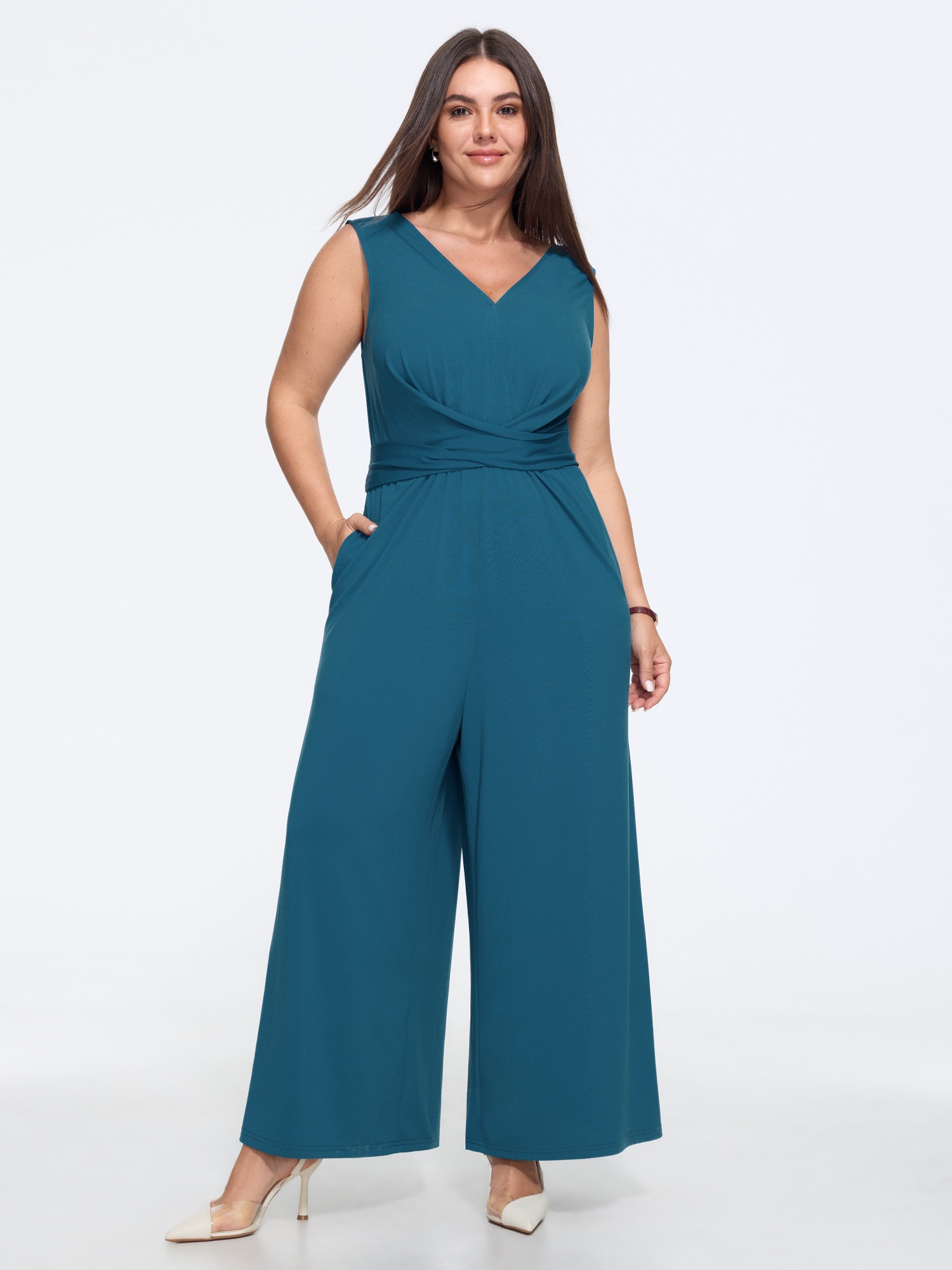 BloomChic Women's Plus Size Stretchy V Neck Wrap Waist Wide Leg Jumpsuit Aegean Office 18-20/2X